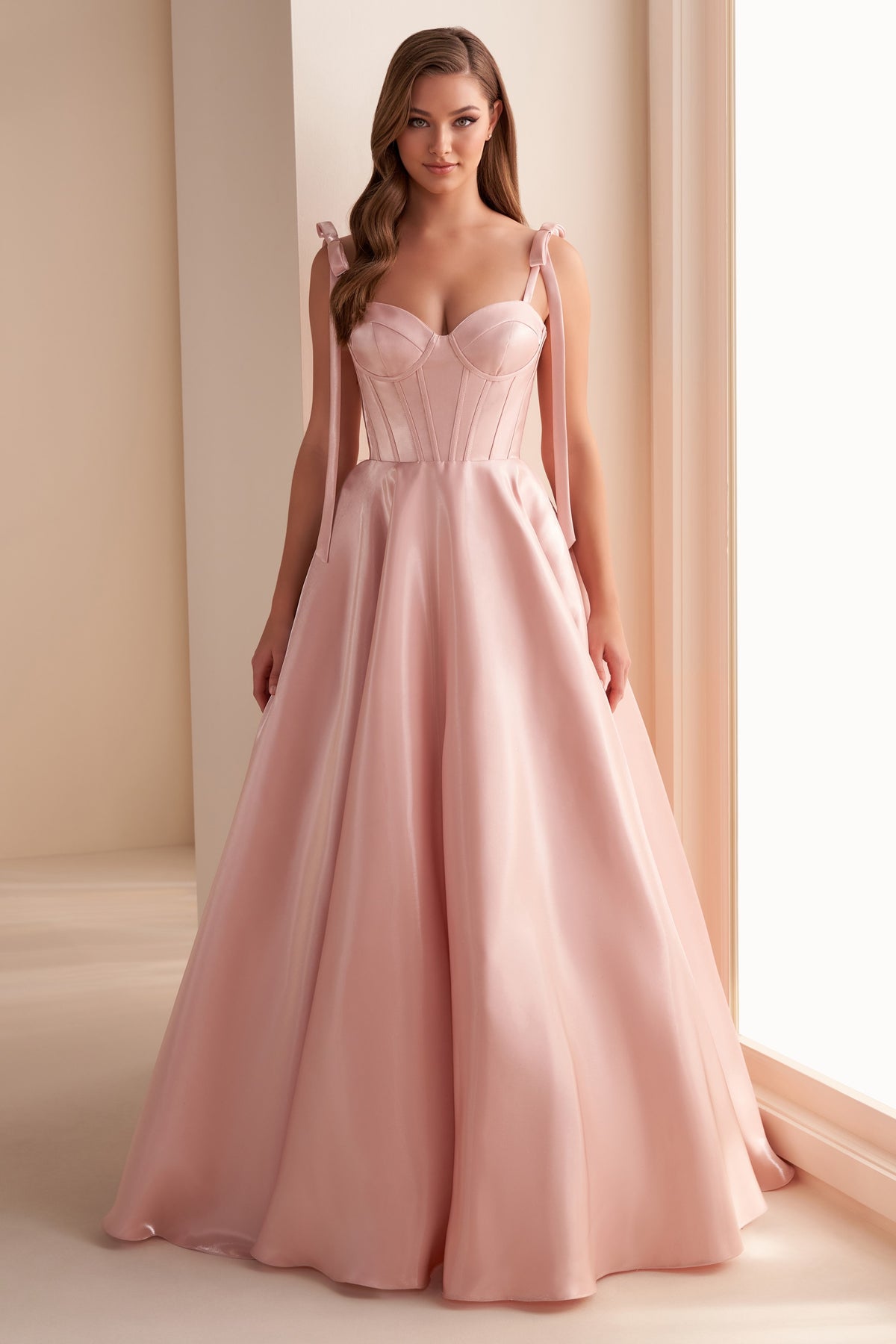 Corset Bodice Tie-Strap Satin Ballgown
