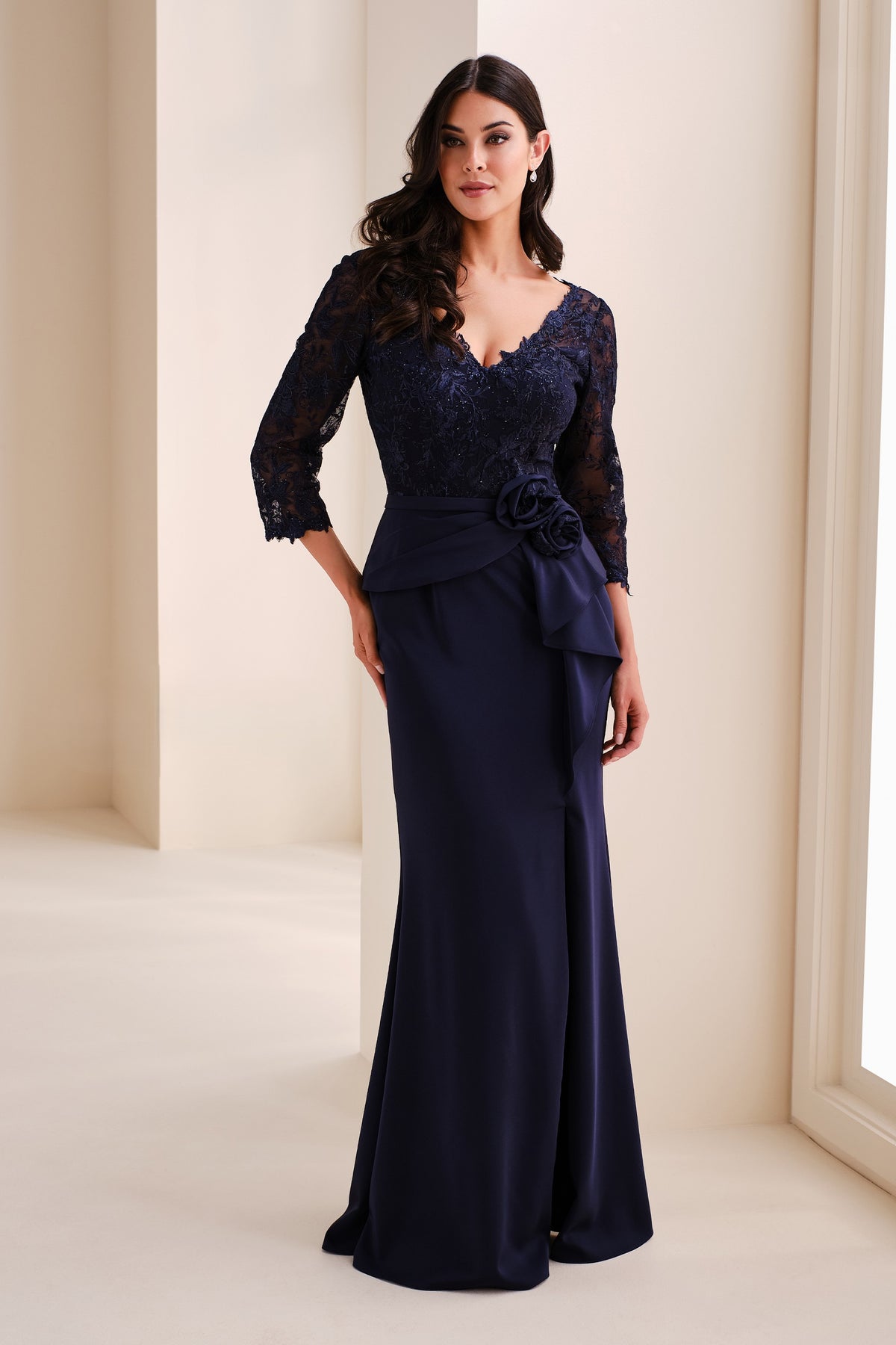 Crepe Satin Gown With Lace Sleeves and 3D Flowers
