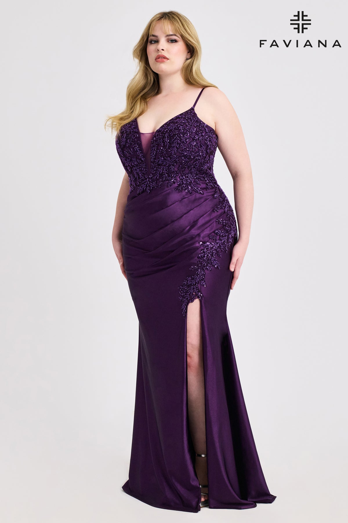 Curvy Beaded & Pleated V-Neck Stretch Satin Gown