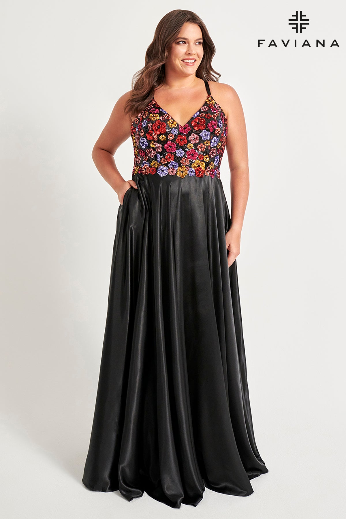 Curvy Floral Sequin Charmeuse Gown