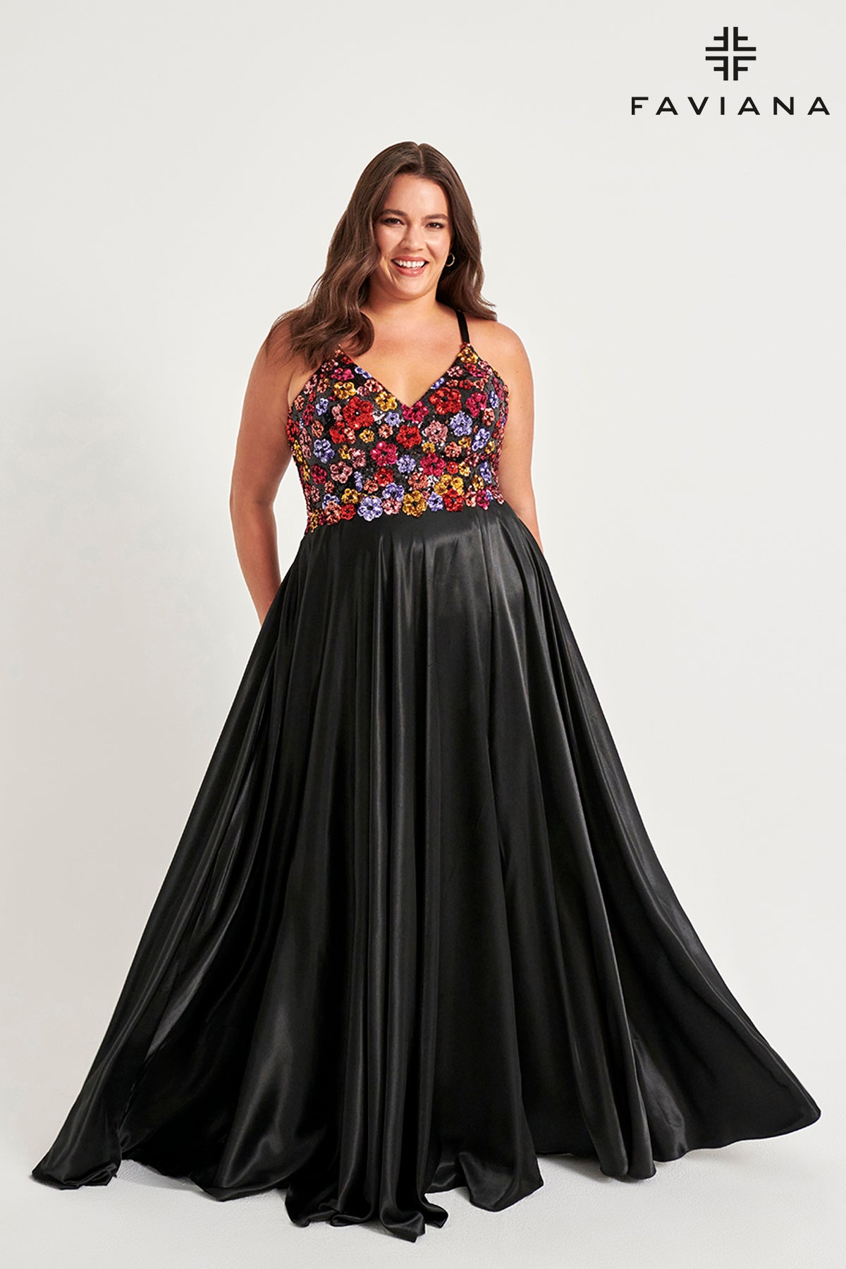 Curvy Floral Sequin Charmeuse Gown