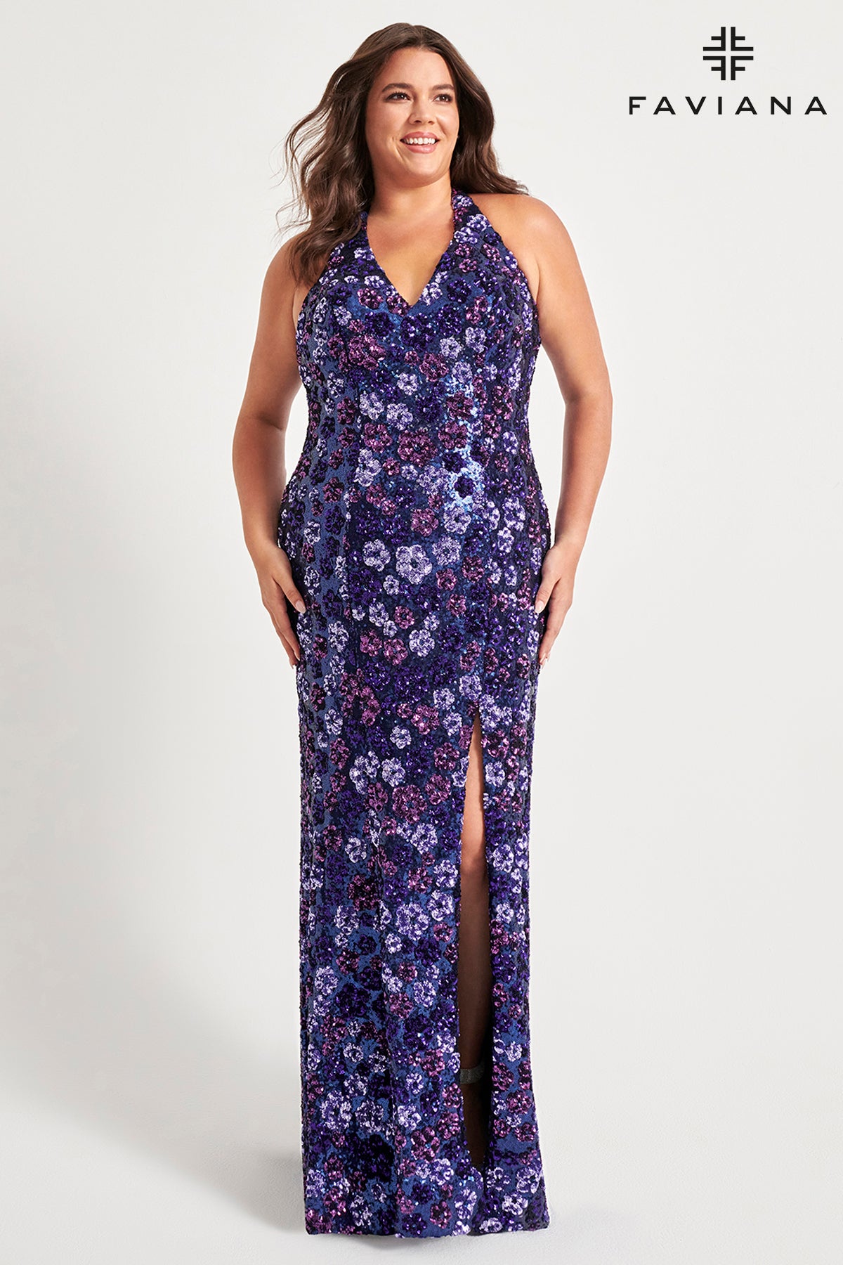 Curvy Floral Sequin Halter Gown