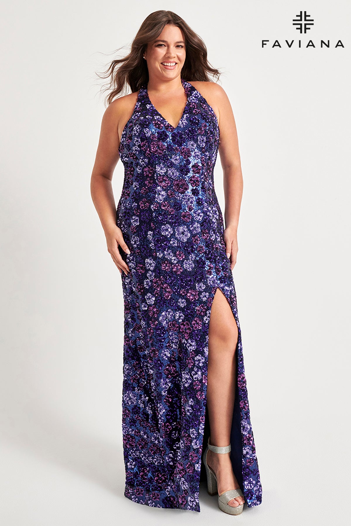 Curvy Floral Sequin Halter Gown