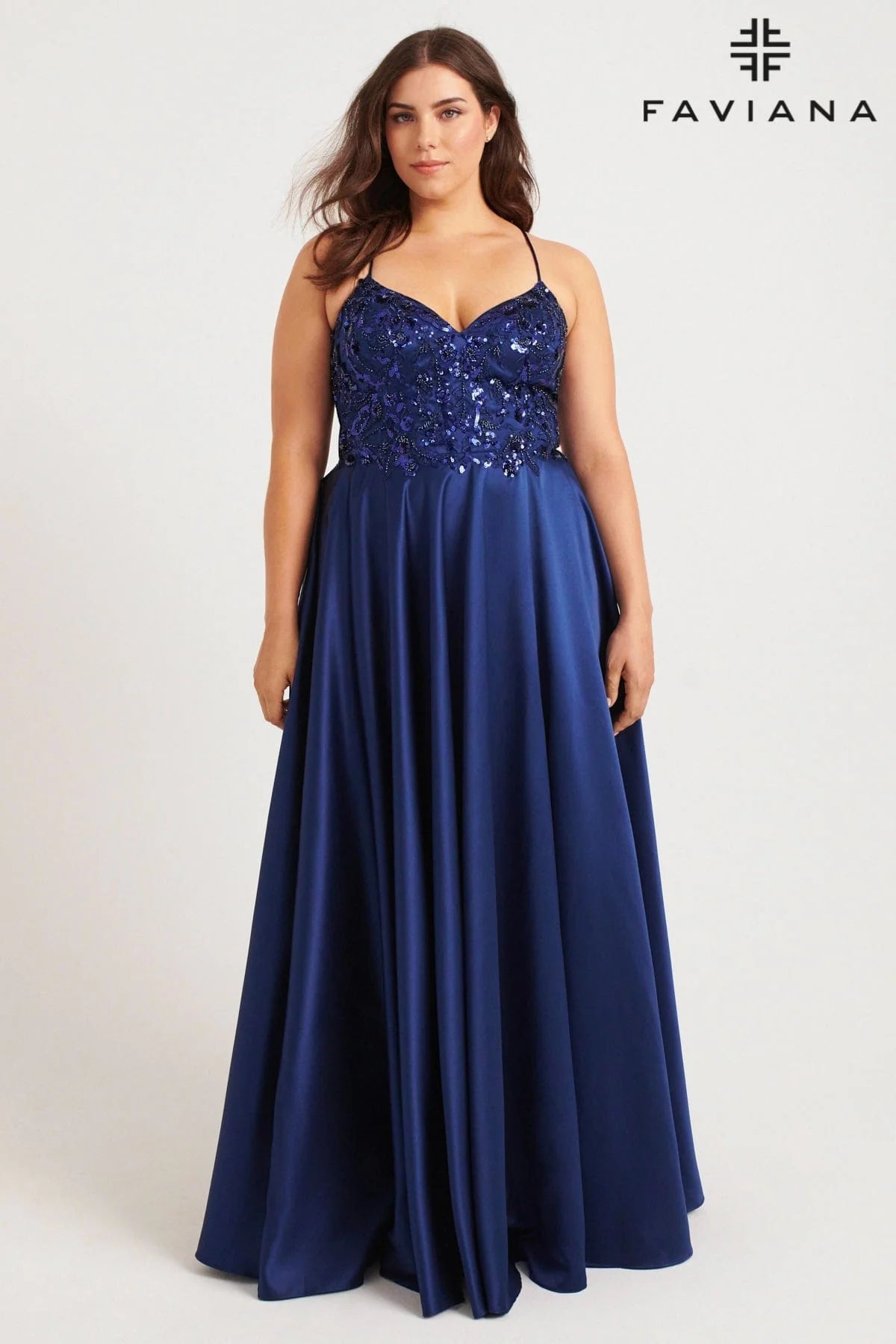 Curvy Sequin Applique V-Neck Silky Gown