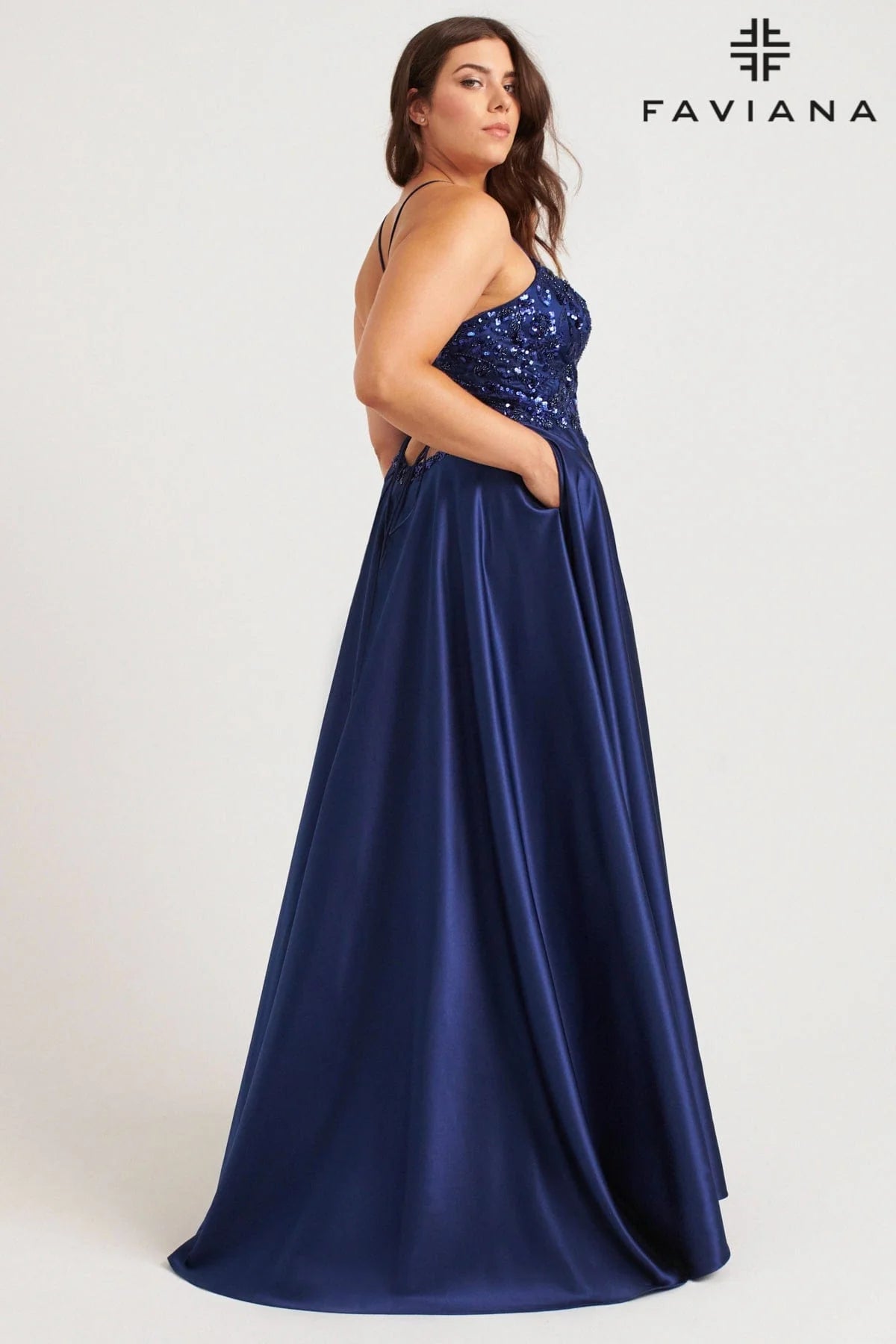 Curvy Sequin Applique V-Neck Silky Gown