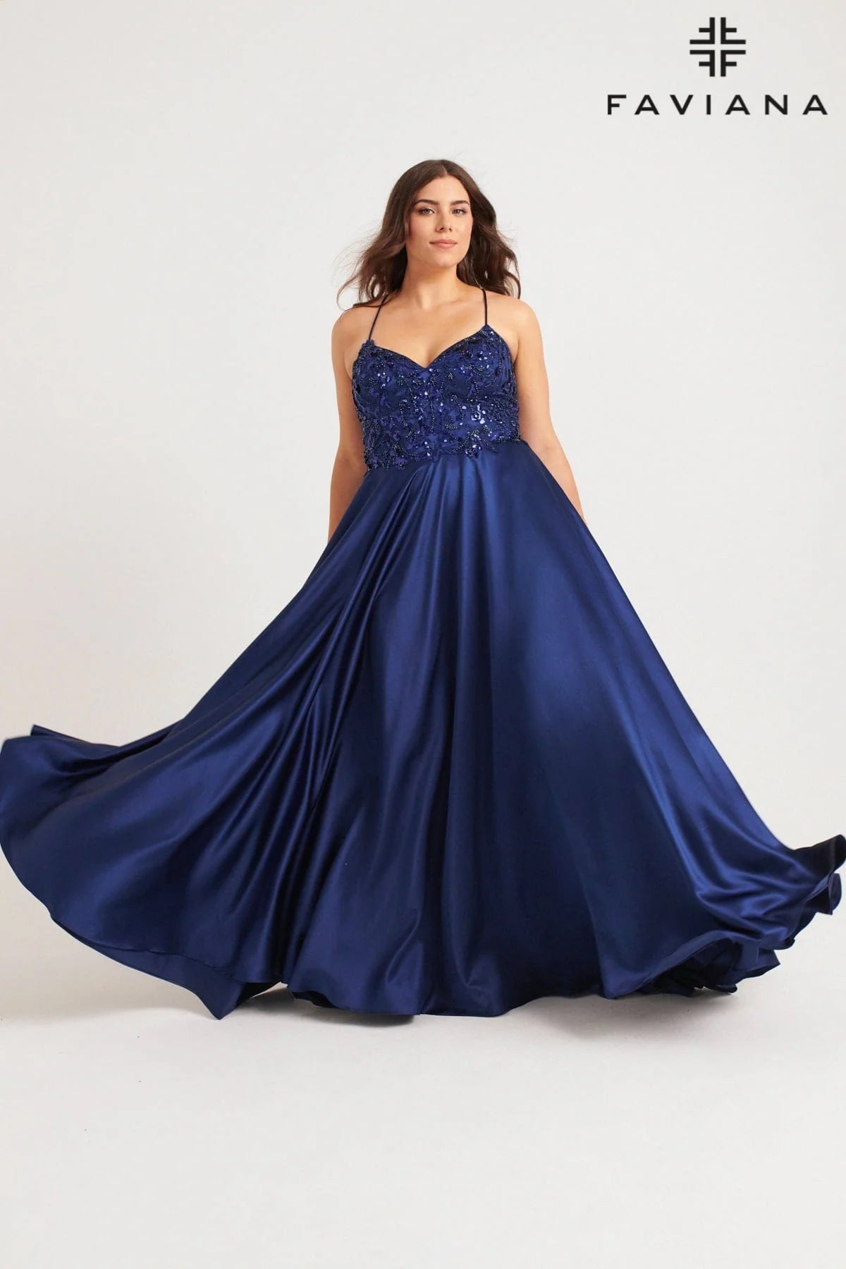 Curvy Sequin Applique V-Neck Silky Gown