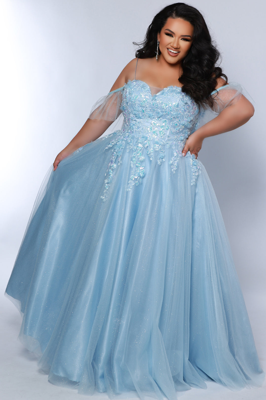 Curvy Size Embellished Ball Gown With Optional Off Shoulder Detail