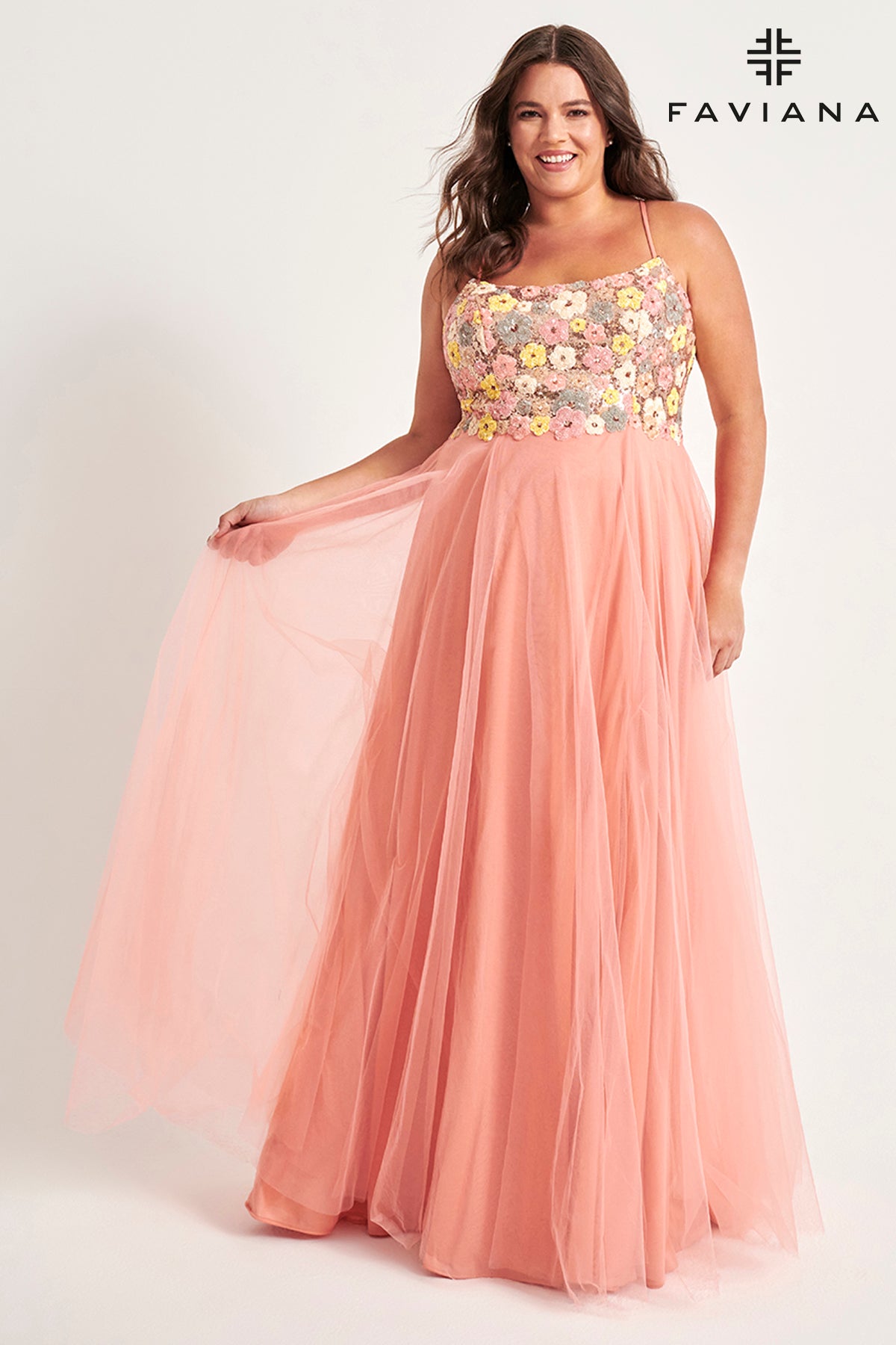 Curvy Size Floral Sequin Flowy Tulle Gown
