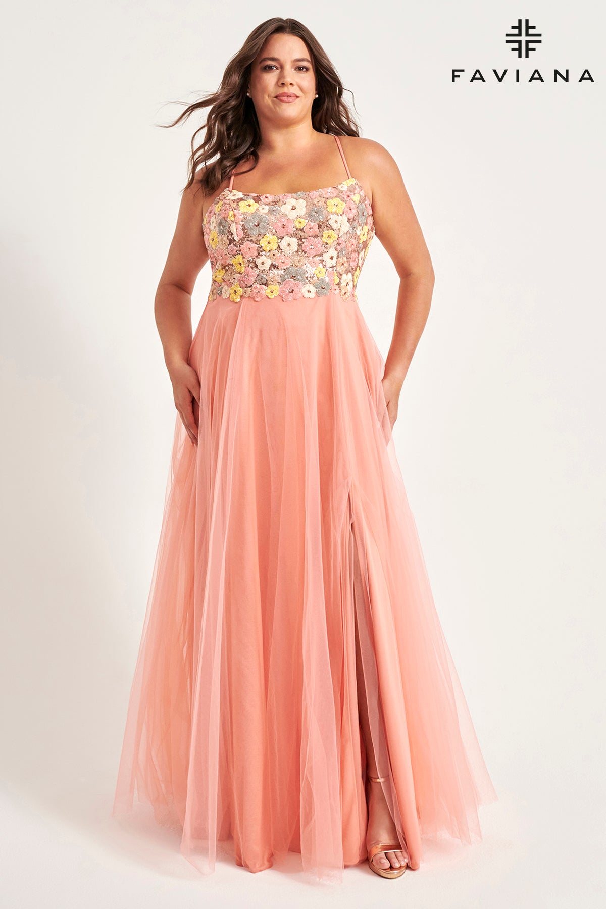 Curvy Size Floral Sequin Flowy Tulle Gown