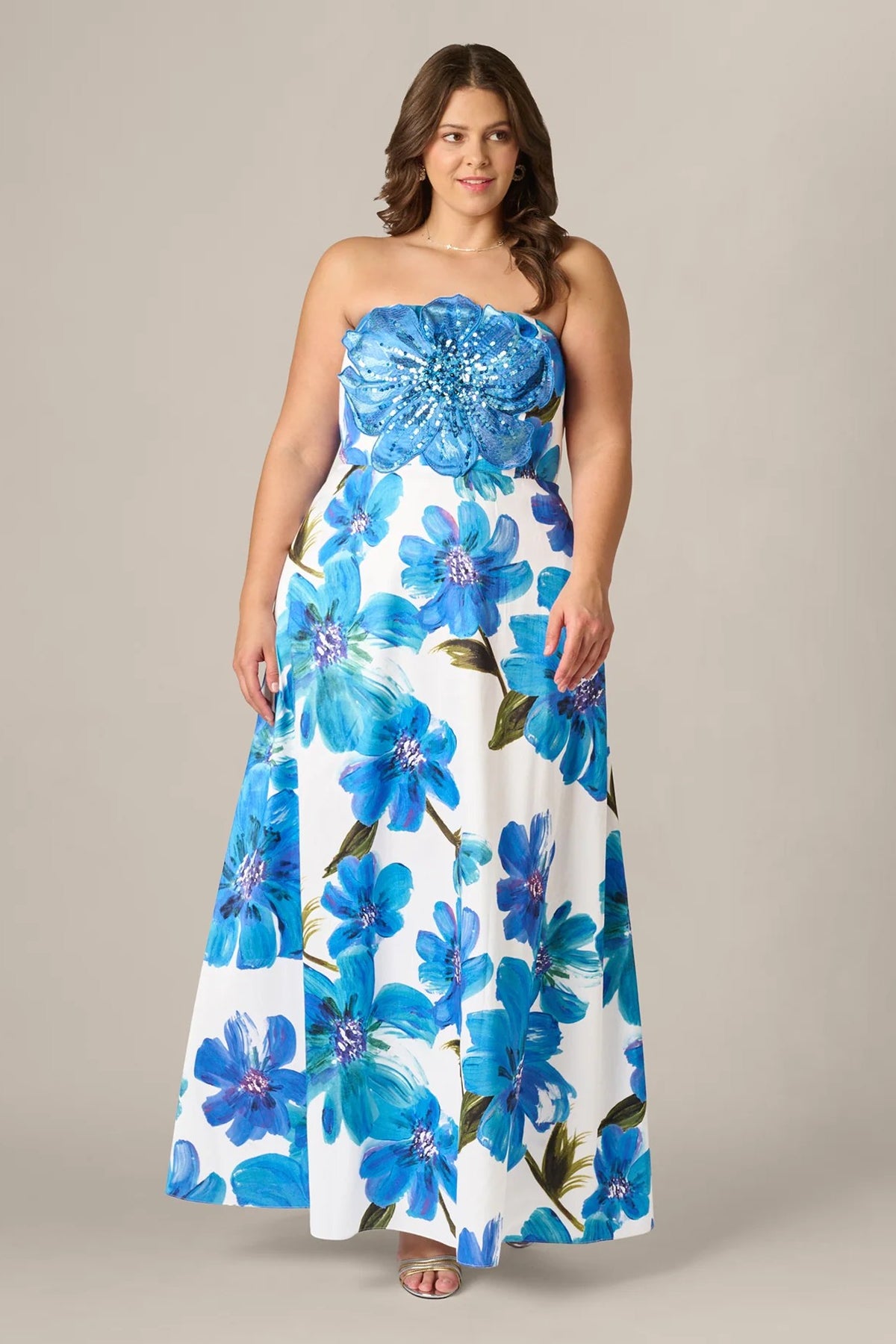 Curvy Strapless 3D Floral Beaded Dupioni Gown