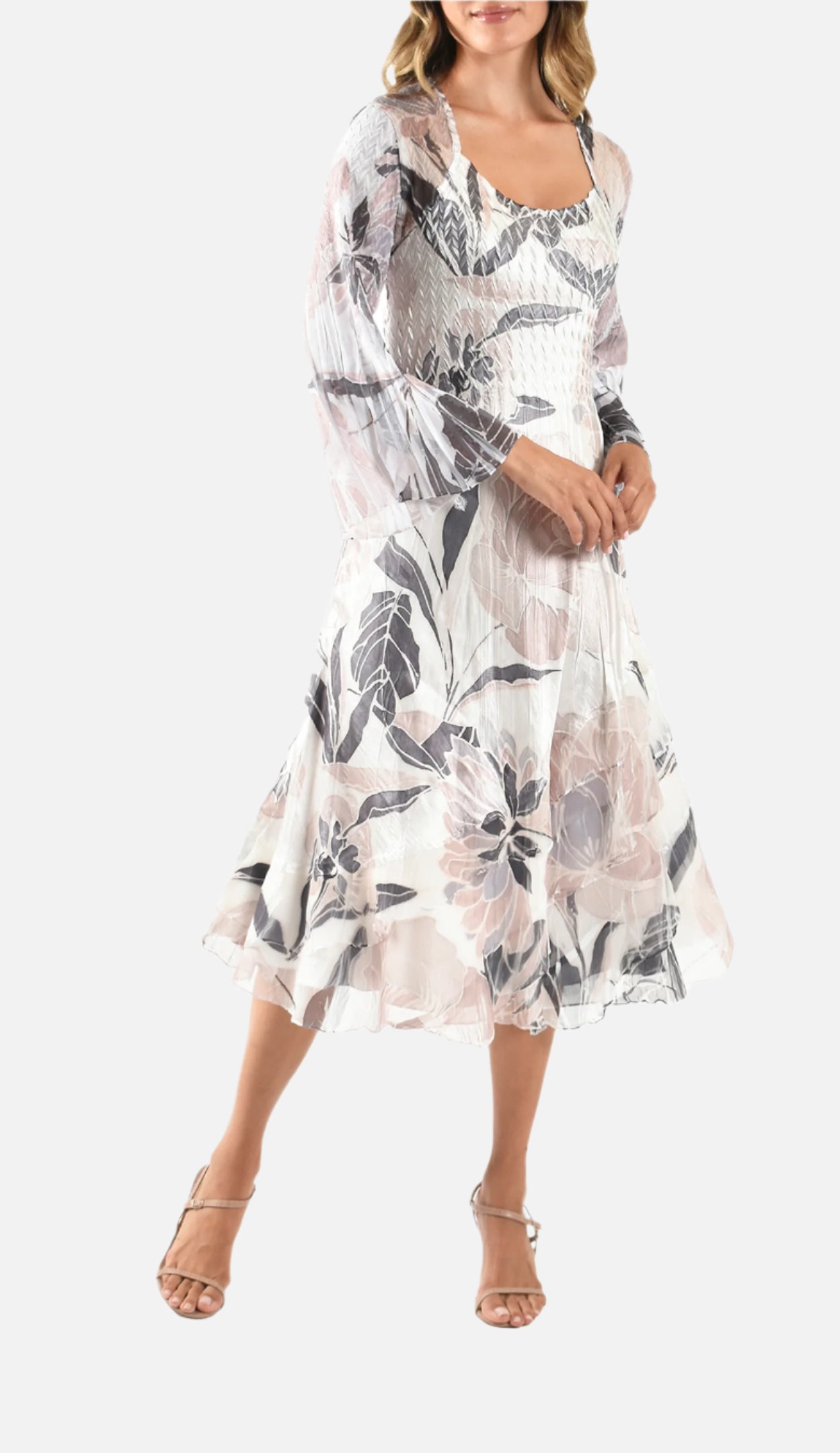 Desert Flora Tiered Diagonal Dress with Fluted Sleeves