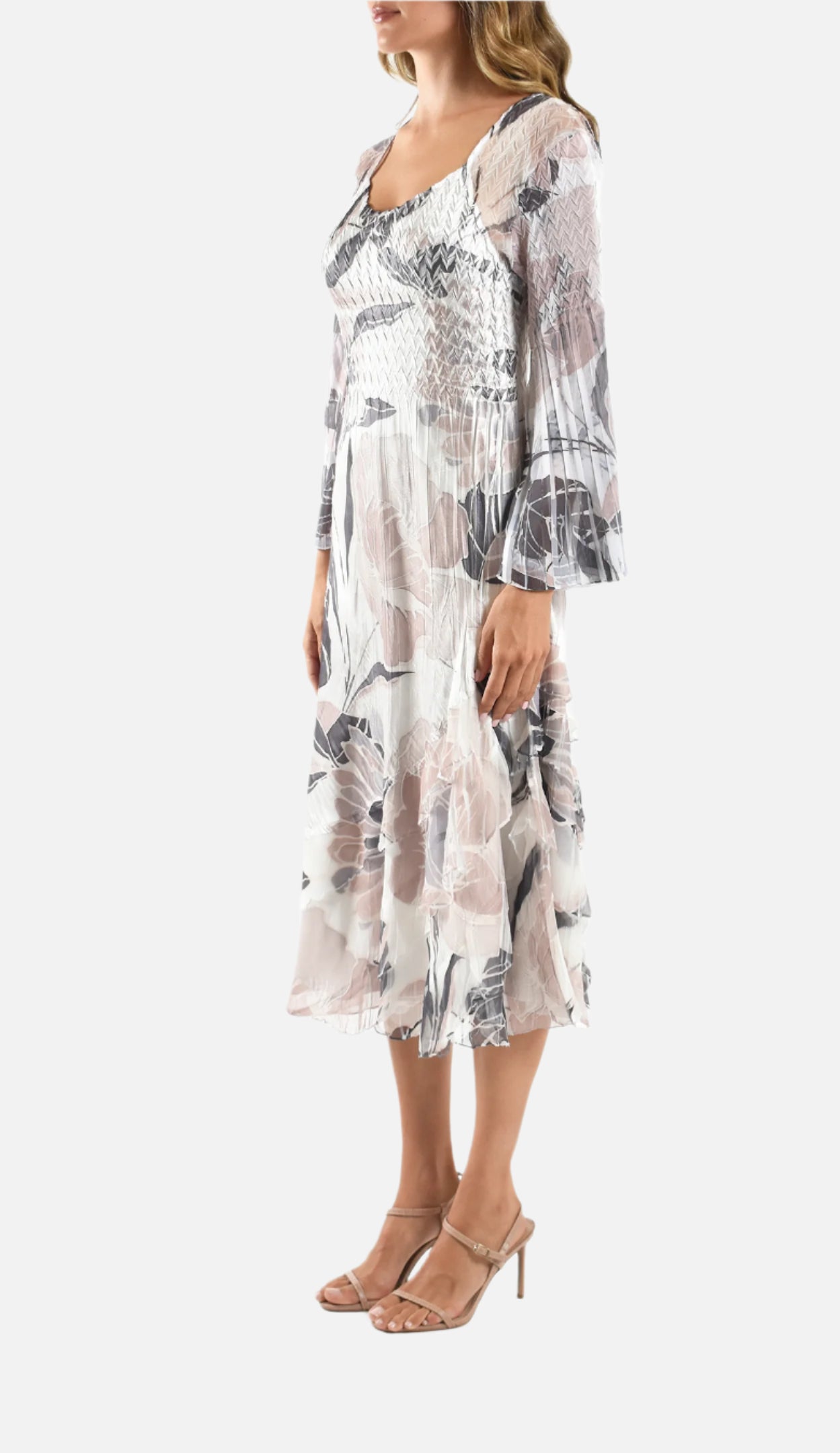 Desert Flora Tiered Diagonal Dress with Fluted Sleeves