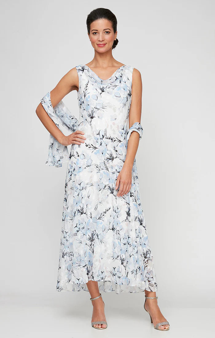 Draped Neck Floral Jacquard Dress with Flounce Hem