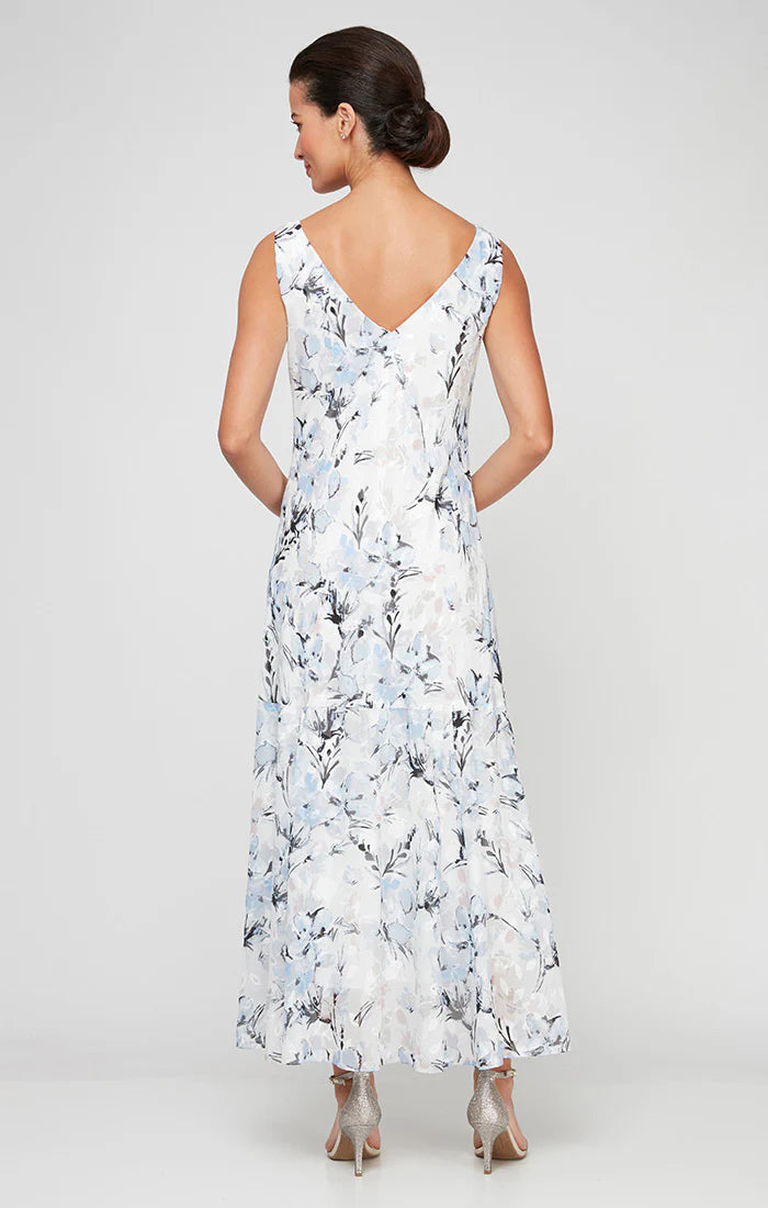 Draped Neck Floral Jacquard Dress with Flounce Hem