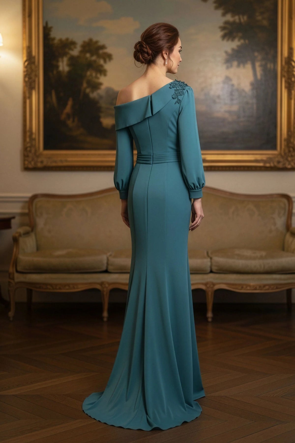 Draped One Shoulder Long Sleeved Gown with Beaded Applique