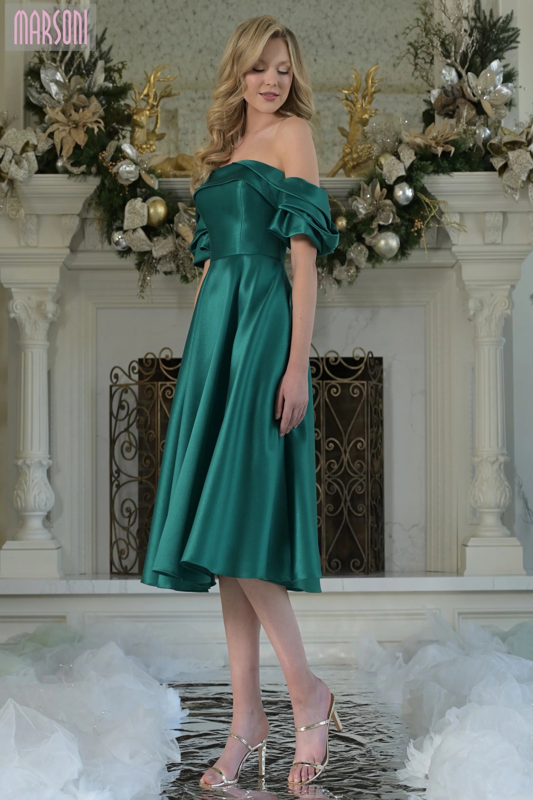 slim fit dress slacks Mikado Green Drop Shoulder Long Dress by Alberta Ferretti – Elilhaam main image 1