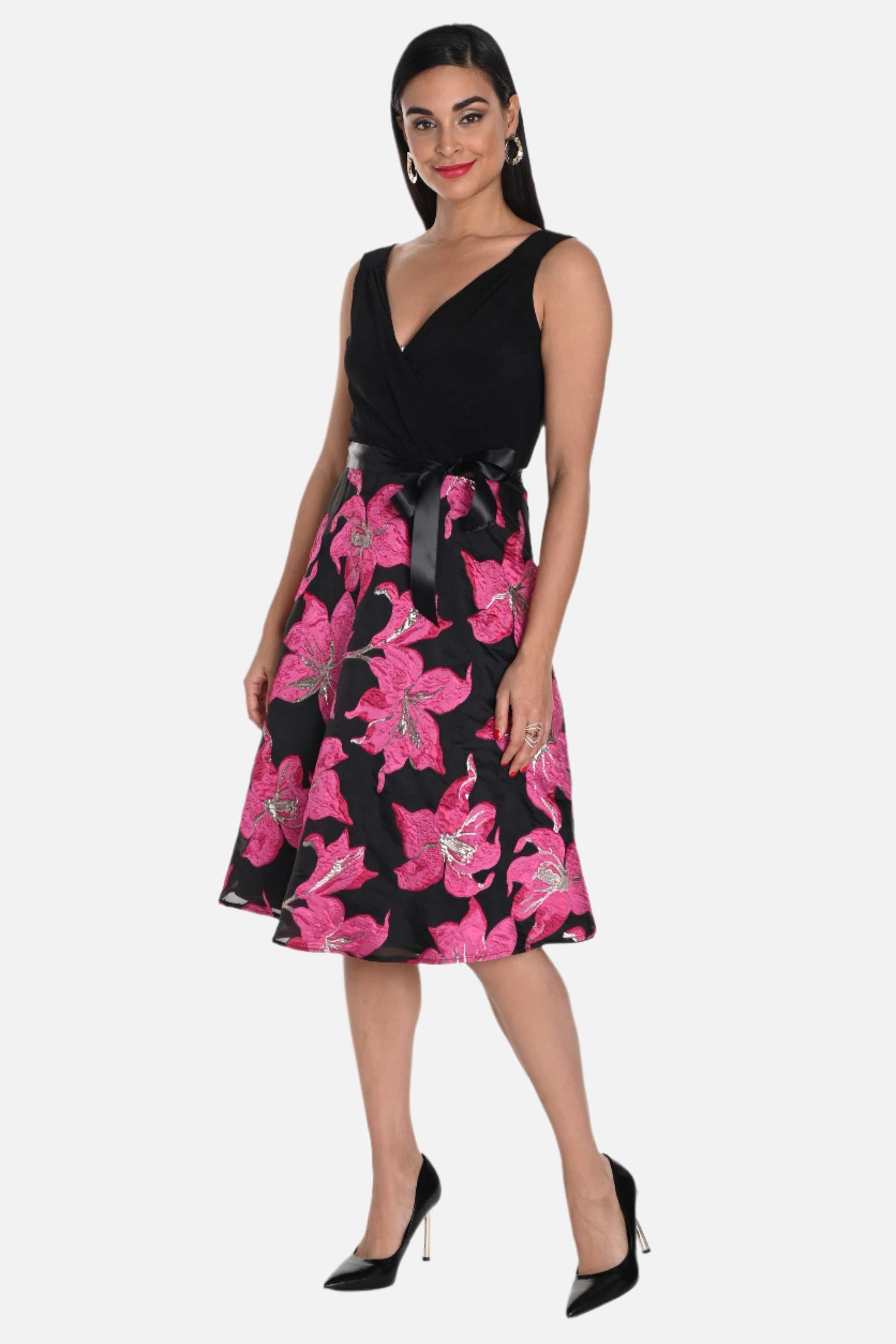 Elegant Floral Jacquard Dress With Sash | Lizzy's by Cathy Allan