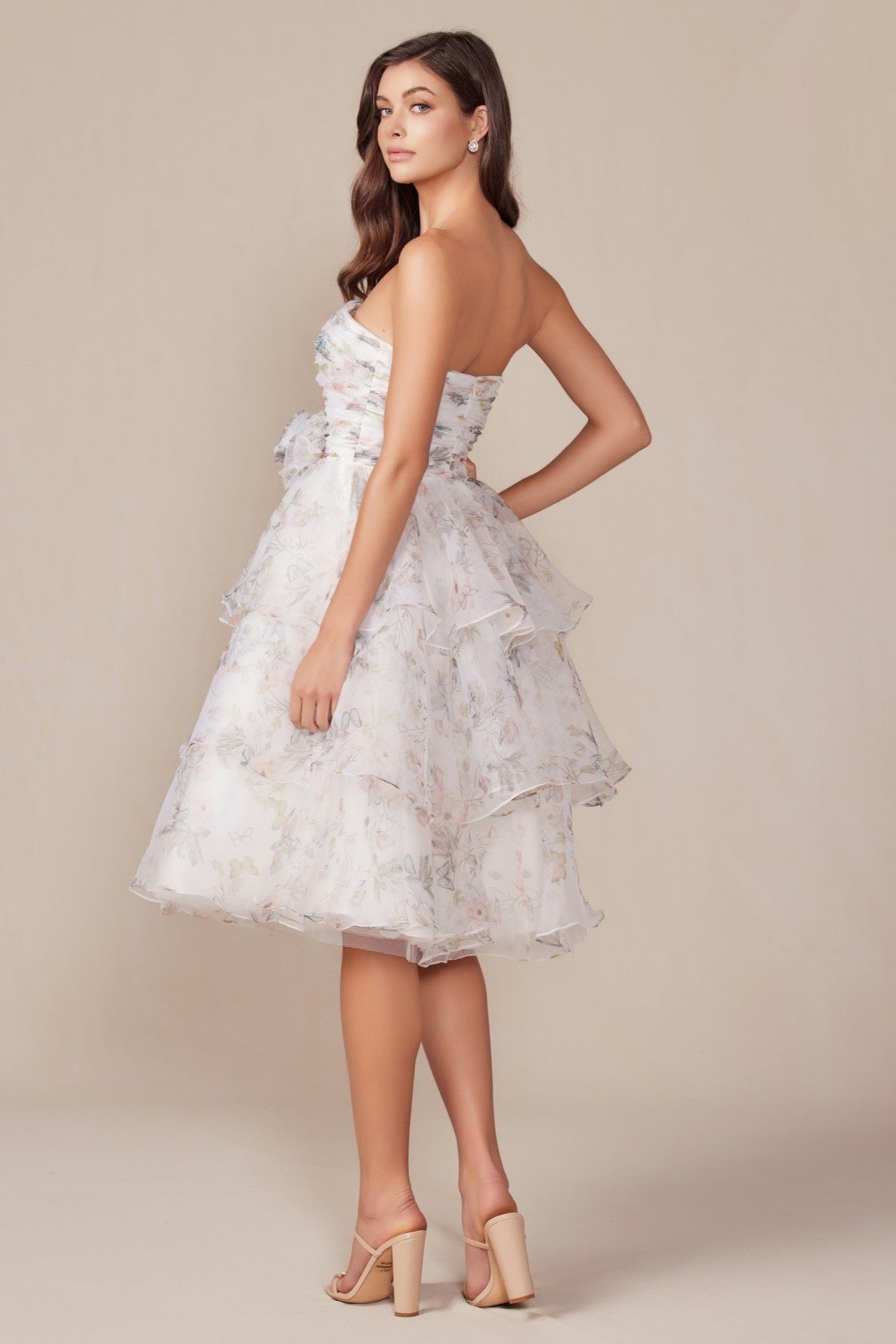 Elegant Strapless Floral Print Layered Dress
