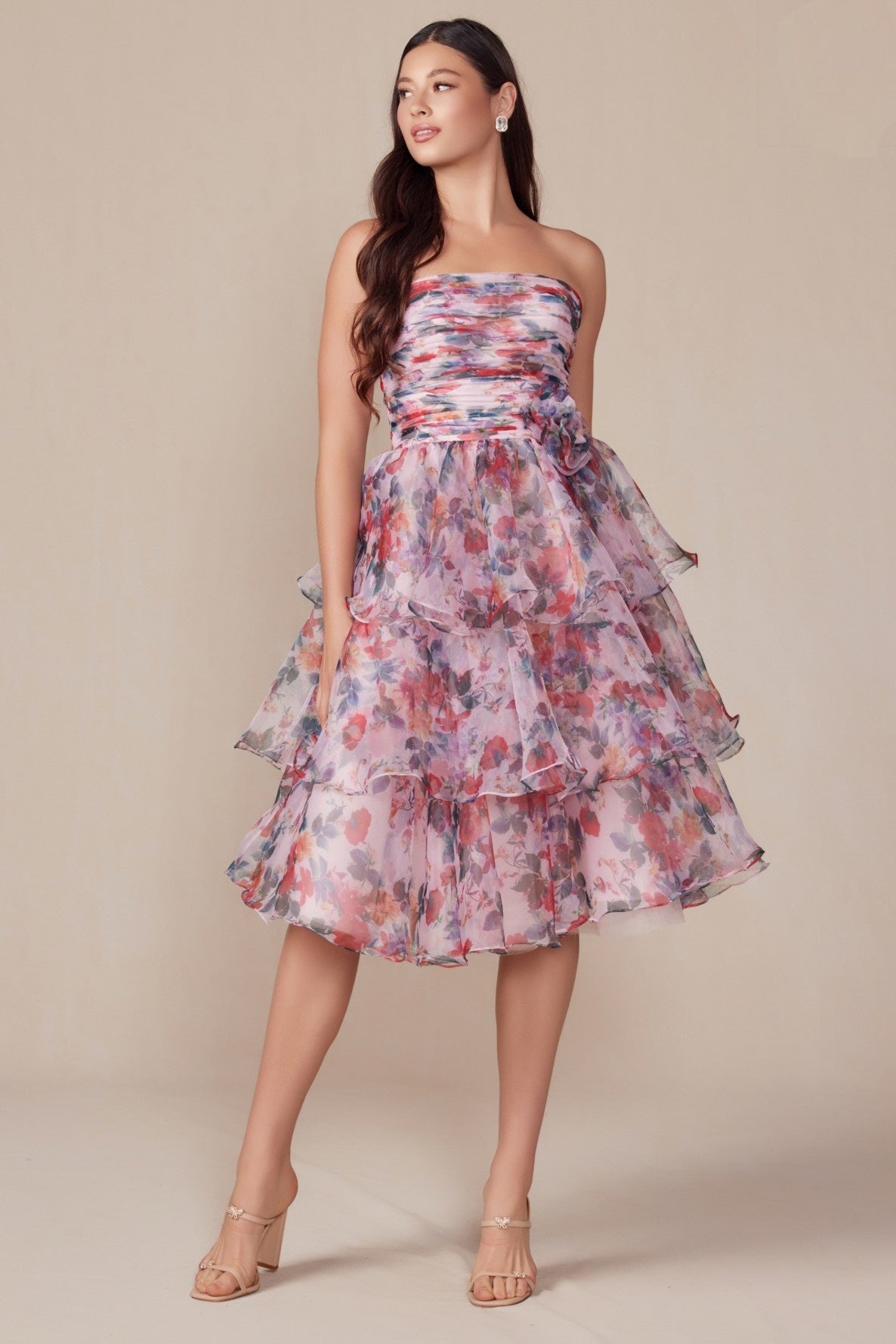Elegant Strapless Floral Print Layered Dress