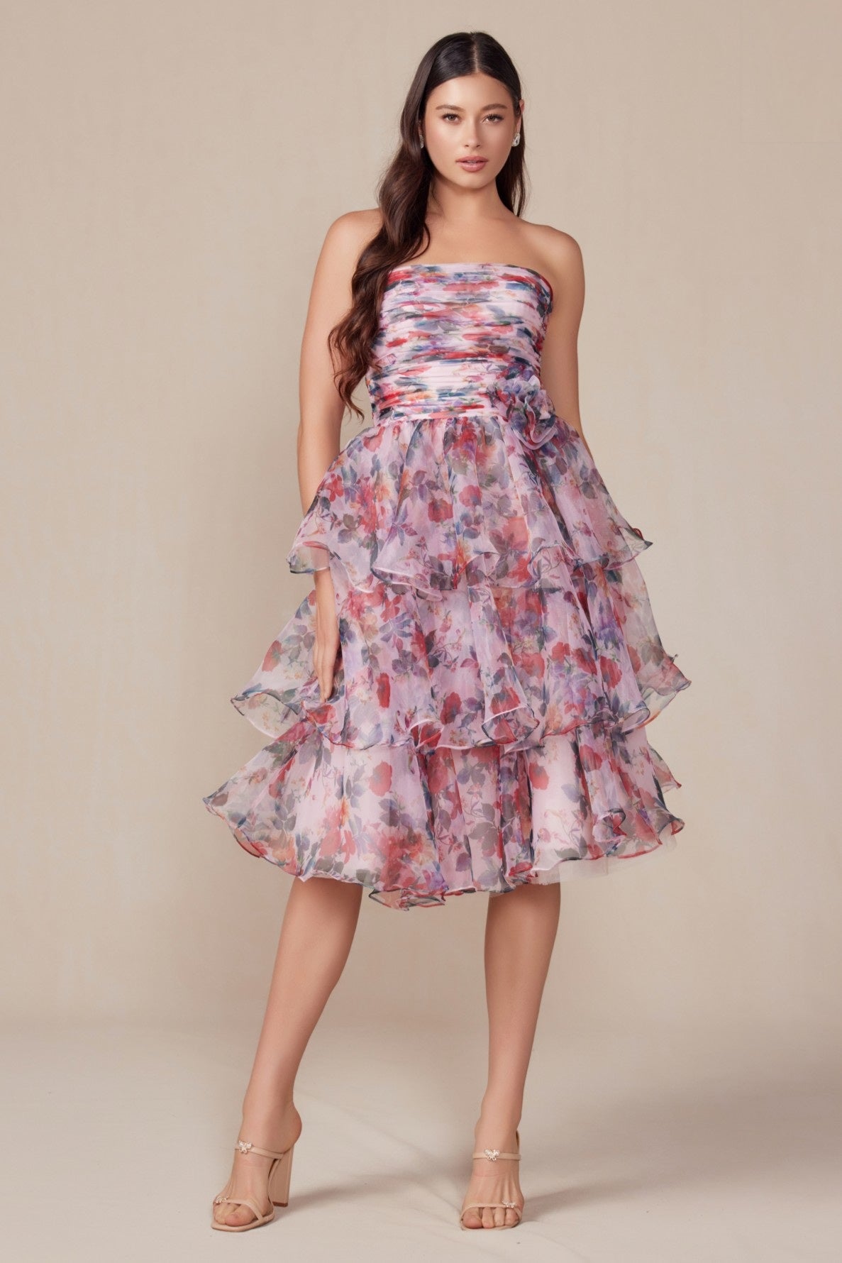Elegant Strapless Floral Print Layered Dress