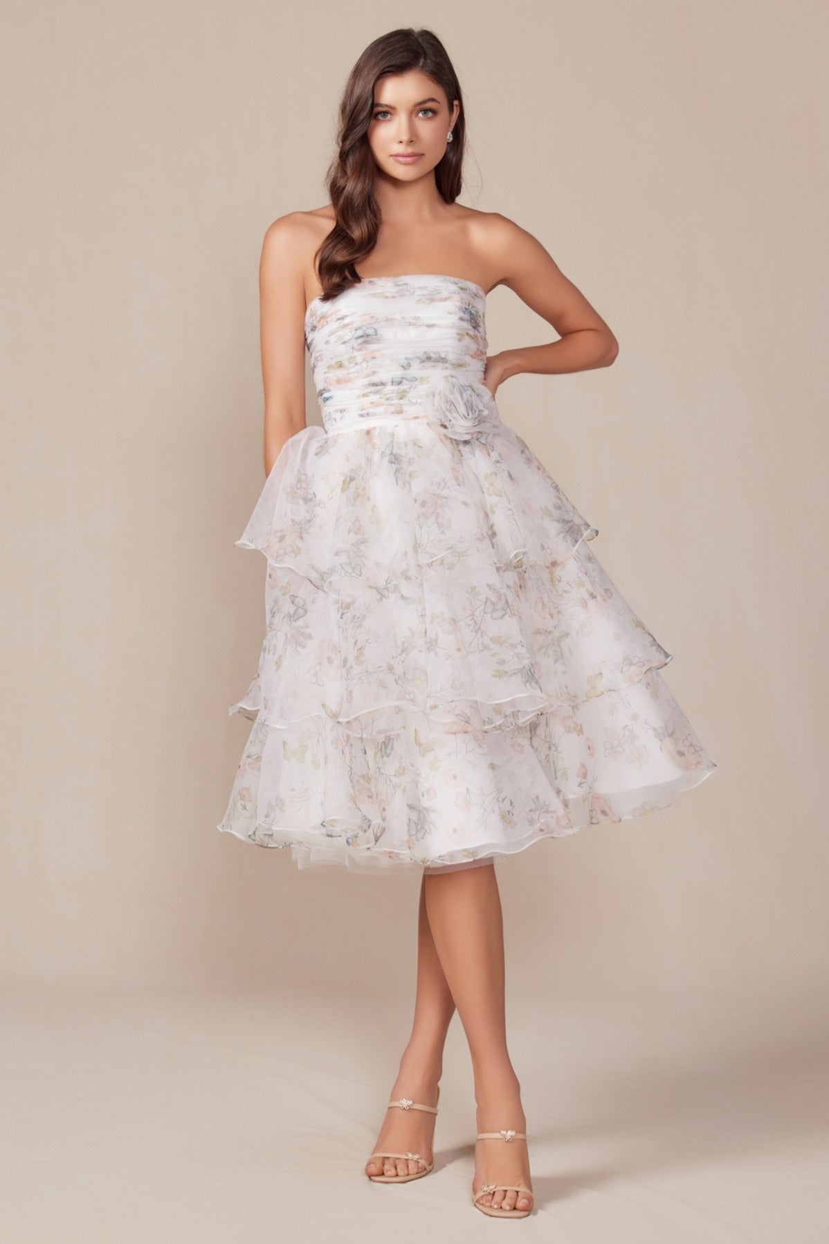 Elegant Strapless Floral Print Layered Dress
