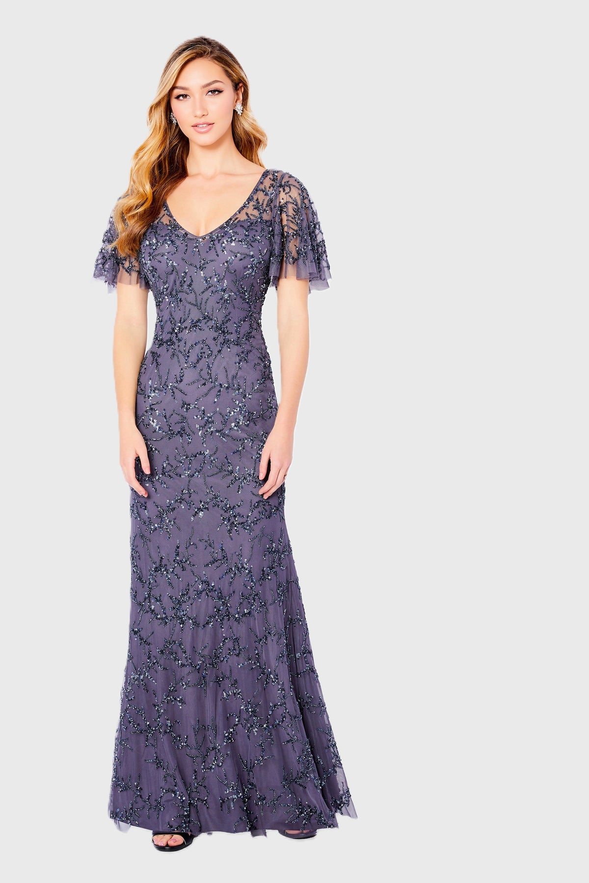 Elegant V-Neck Beaded Sheath Gown with Flutter Sleeves