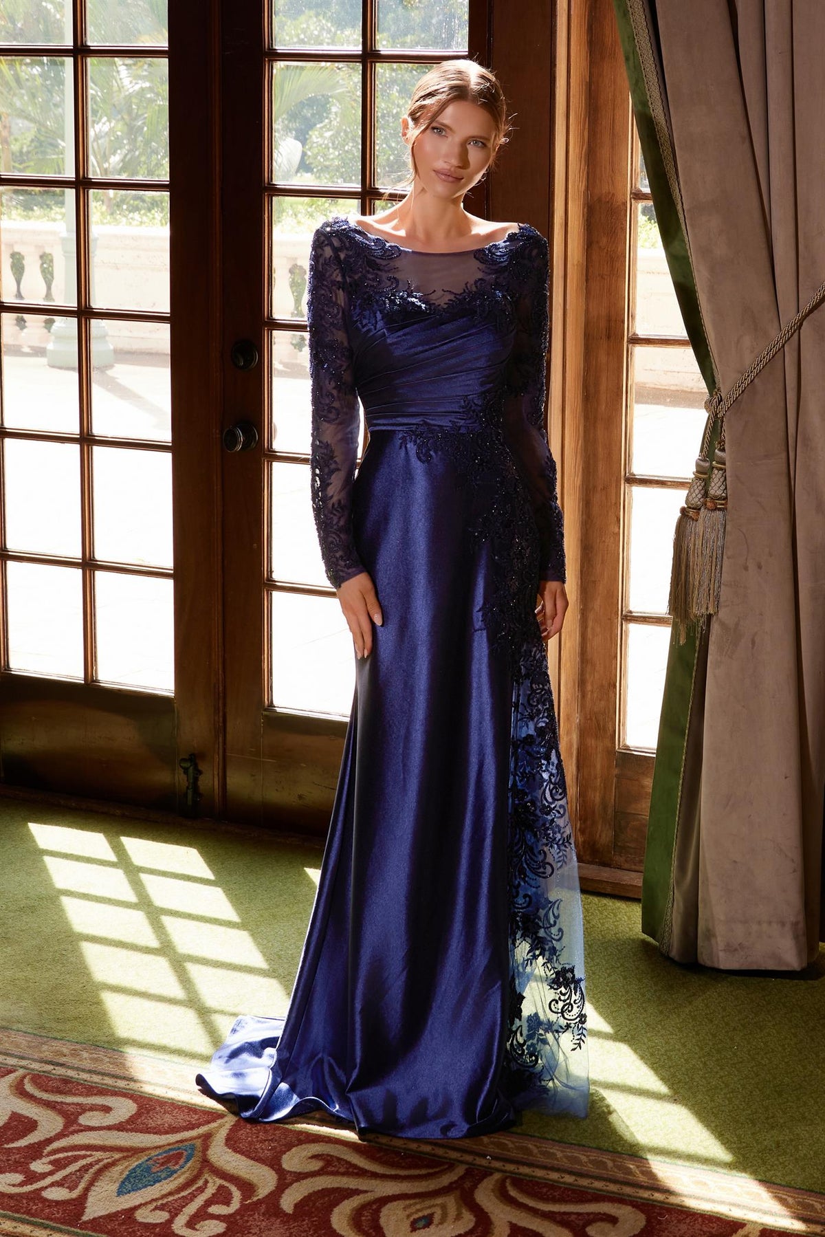 Embellished Satin Gown with Illusion Sleeves