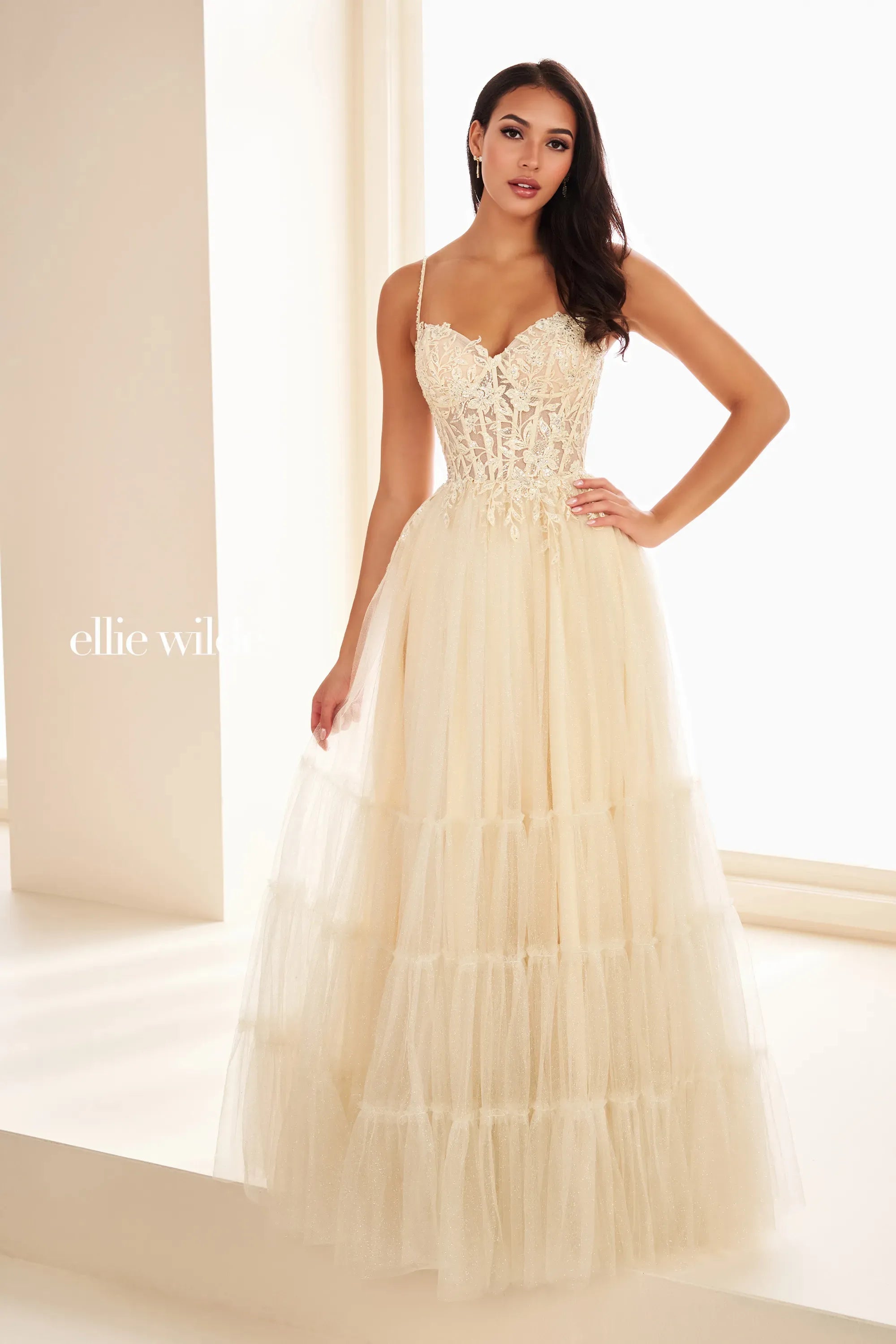 Embroidered Corset Tiered Shimmer Tulle Ballgown | Lizzy's by