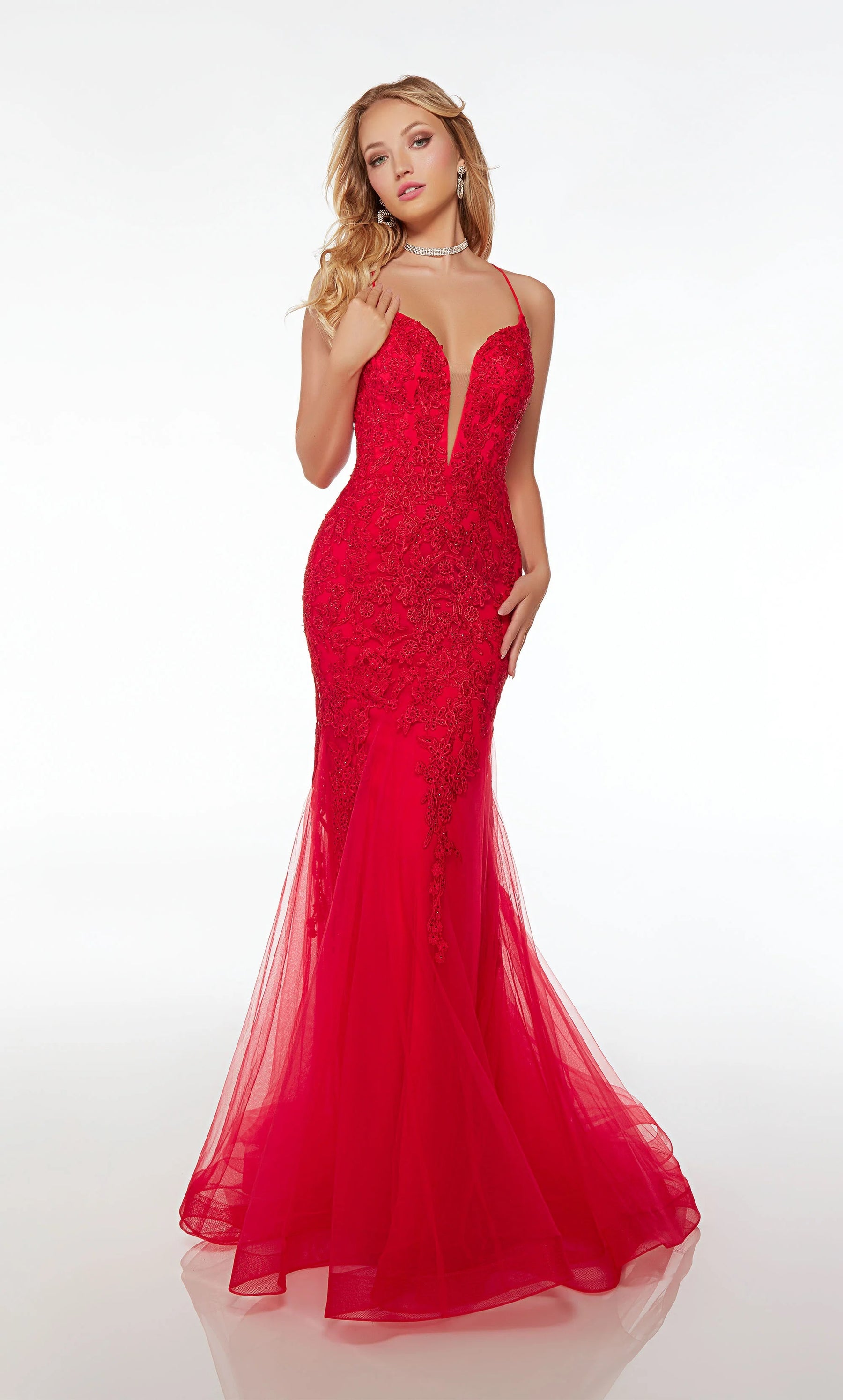 Embroidered Deep V-Neck Mermaid Gown