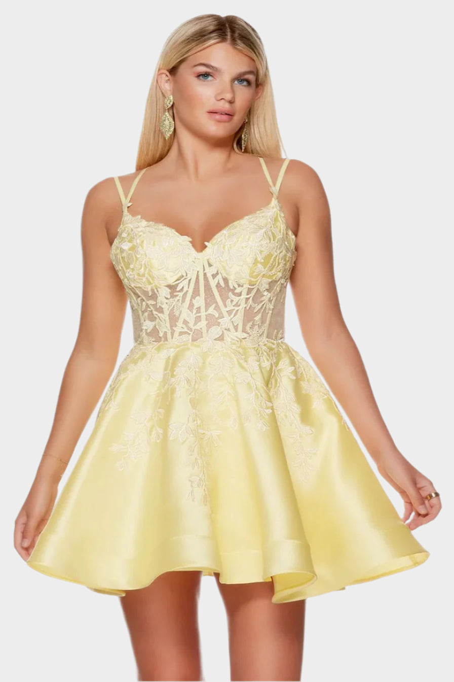 Embroidered Illusion Bodice Short Dress | Lizzy's by Cathy Allan Embroidered Illusion Bodice Short Dress | Lizzy's by Cathy Allan