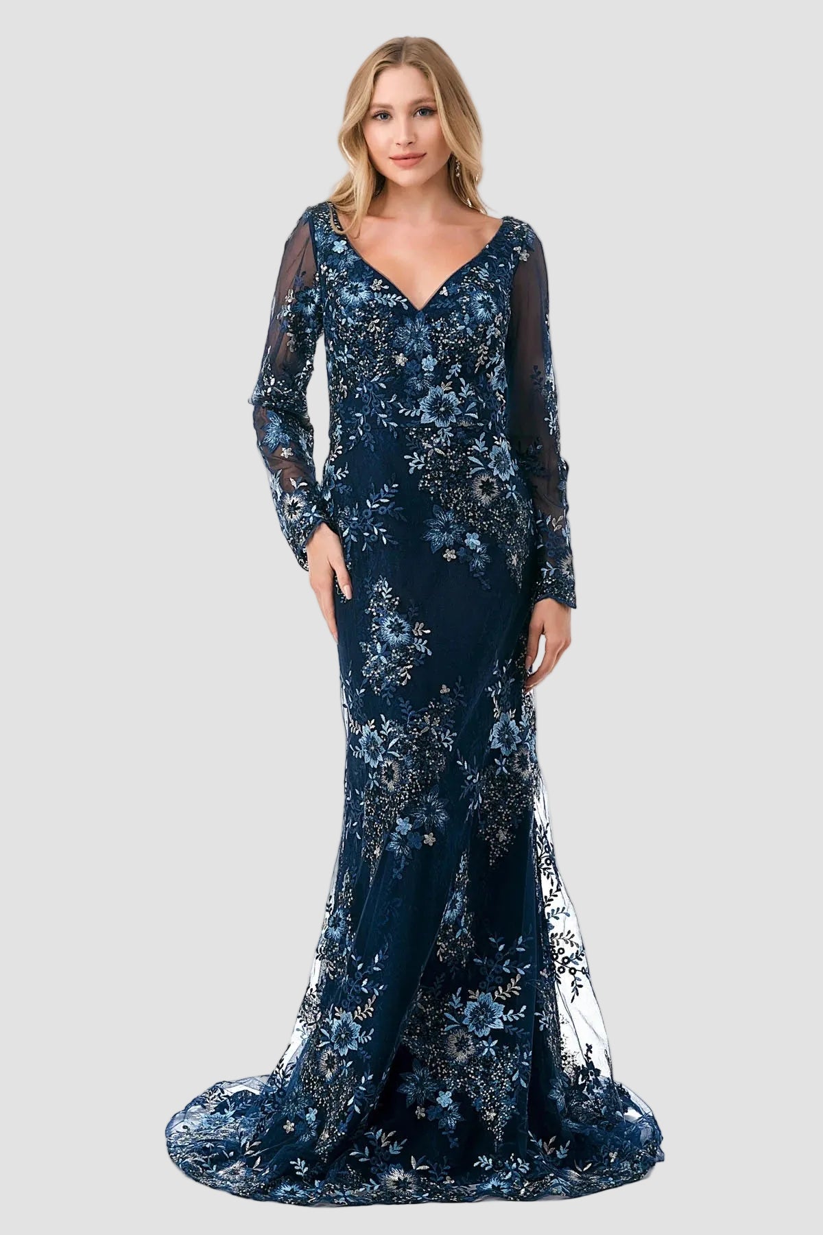 Embroidered Long Sleeve Scalloped Edge Gown