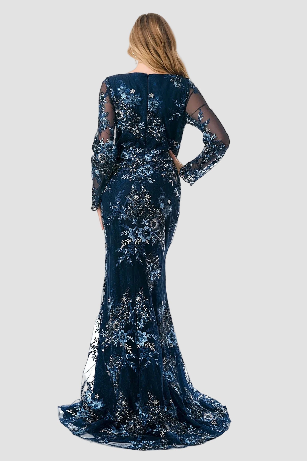 Embroidered Long Sleeve Scalloped Edge Gown