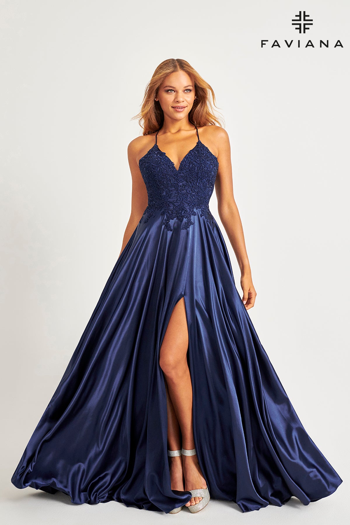 Embroidered Satin Lace-up Back Dress