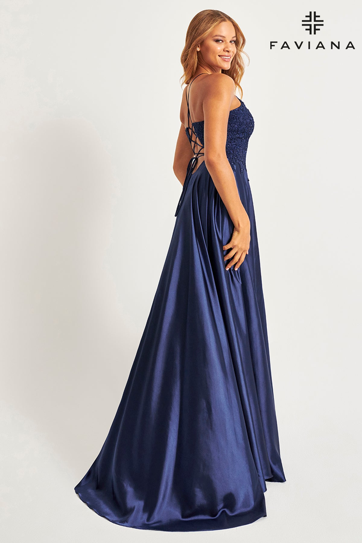 Embroidered Satin Lace-up Back Dress