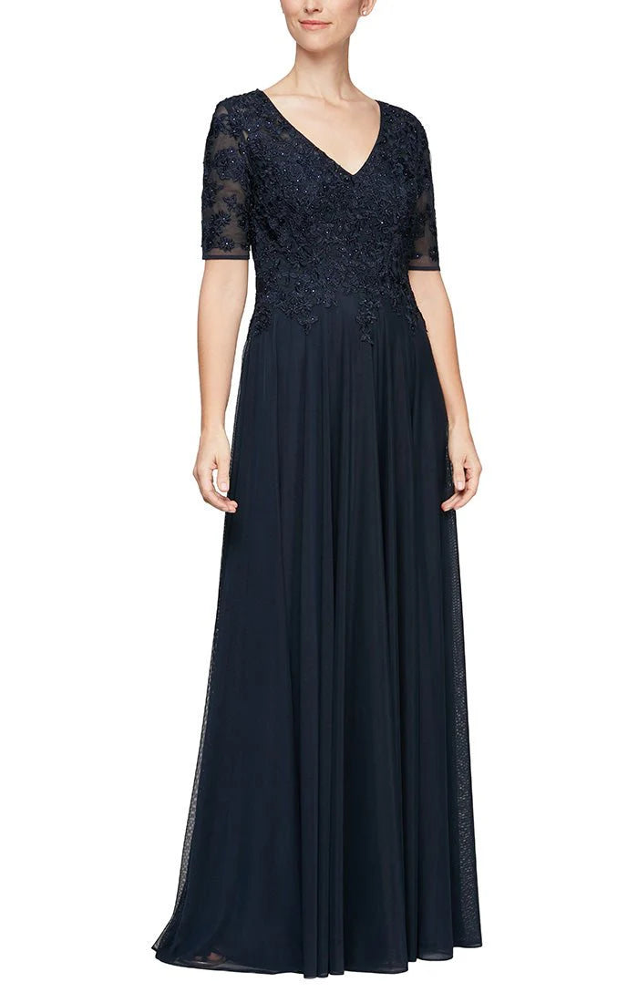 Embroidered Short Sleeve Gown with Stone Accents