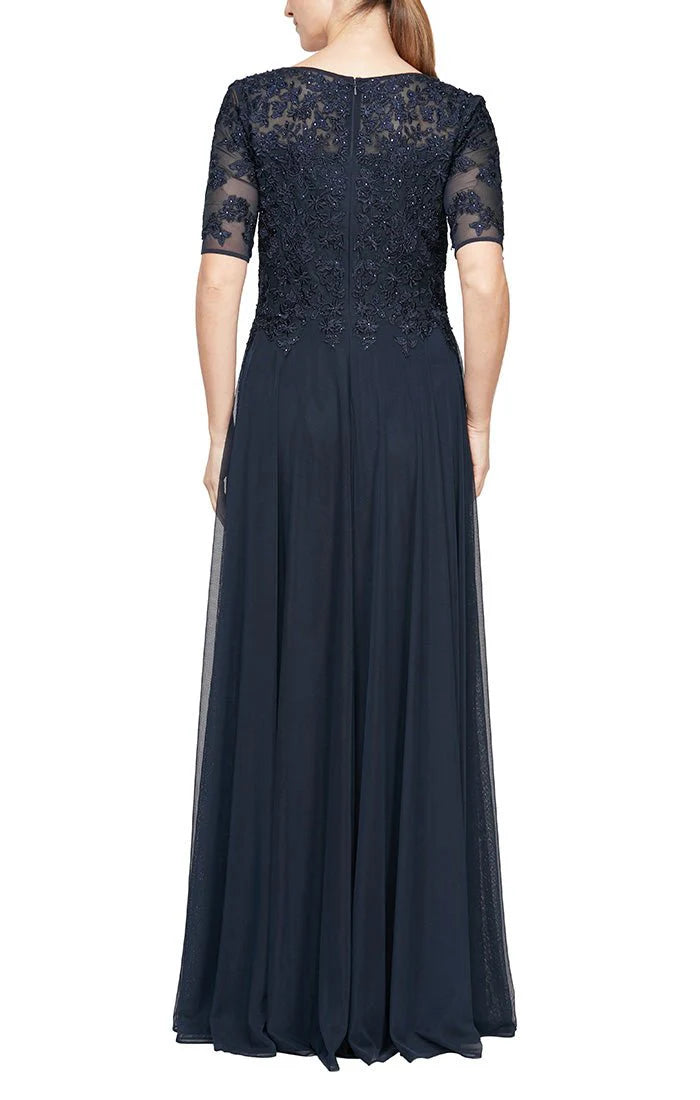 Embroidered Short Sleeve Gown with Stone Accents