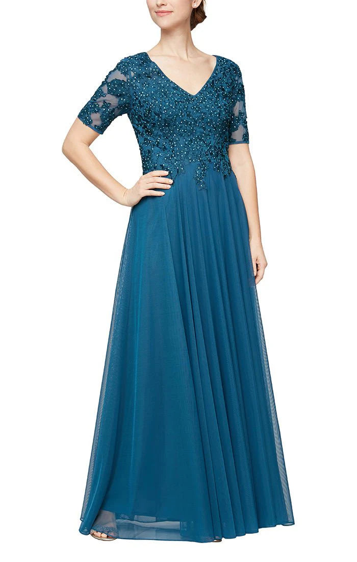Embroidered Short Sleeve Gown with Stone Accents