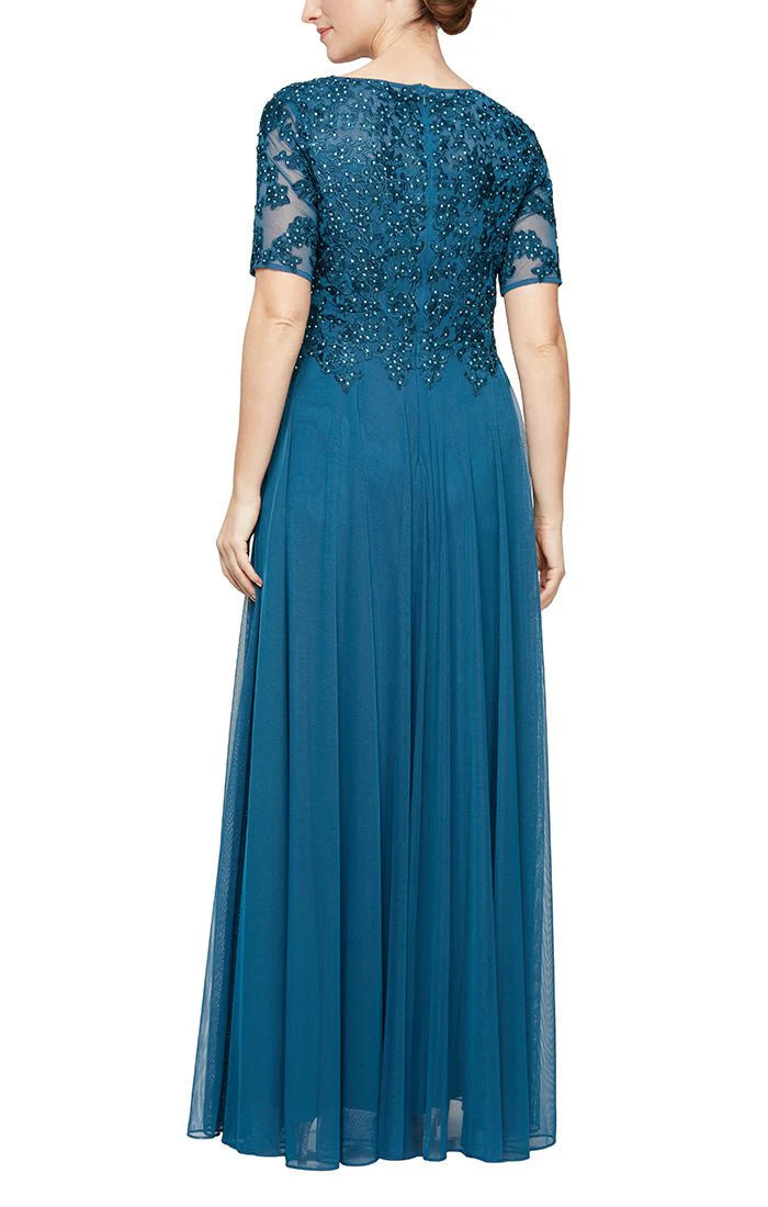 Embroidered Short Sleeve Gown with Stone Accents