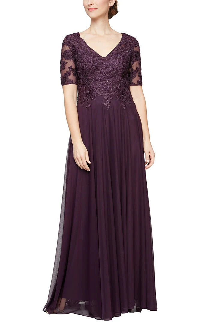 Embroidered Short Sleeve Gown with Stone Accents