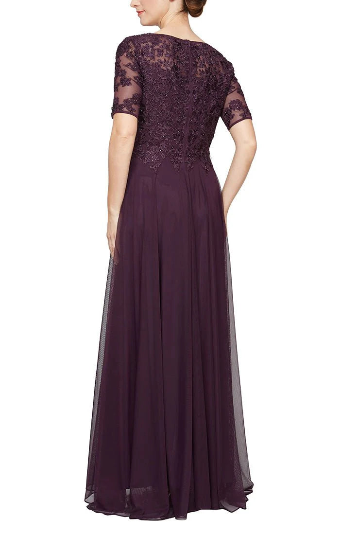 Embroidered Short Sleeve Gown with Stone Accents