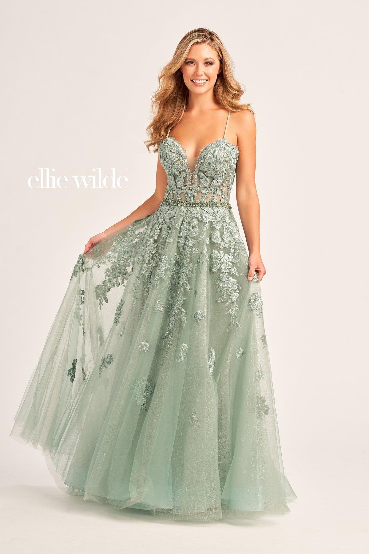 Embroidered Tulle Ball Gown With Beaded Waist