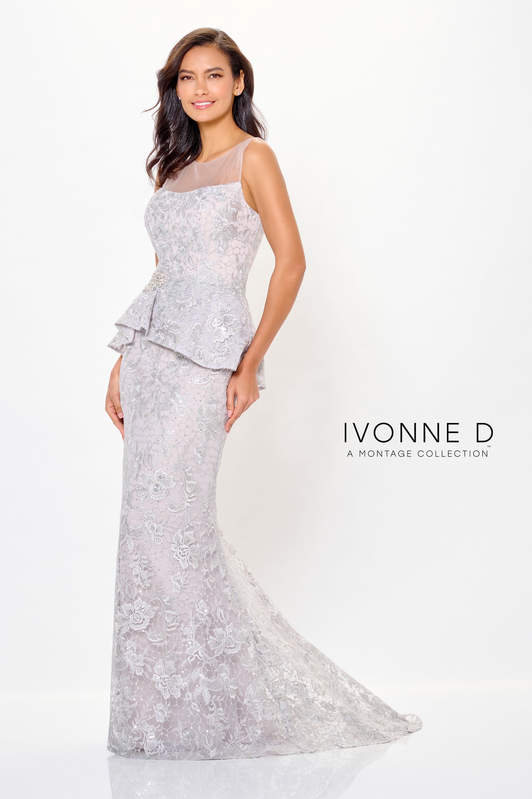 Embroidered Tulle Peplum Gown