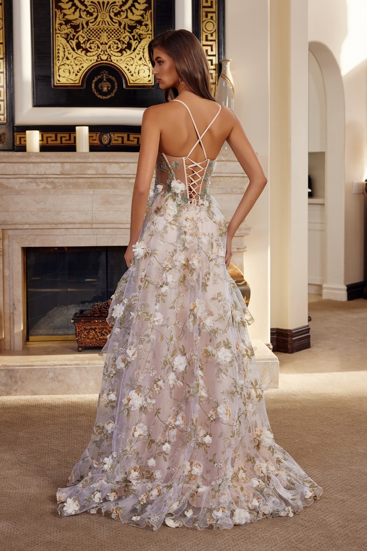 Exquisite 3D Floral Print Layered Gown