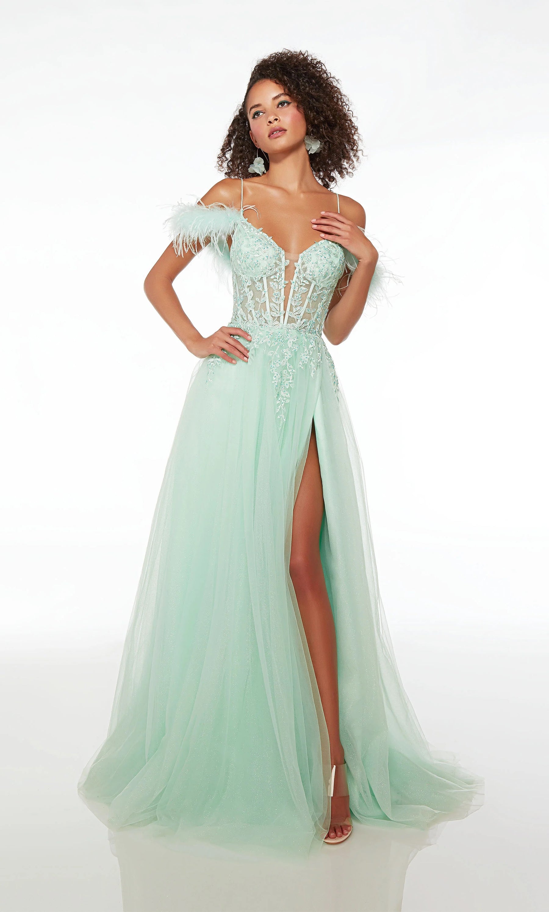 Feather Detail Corset High Slit Gown