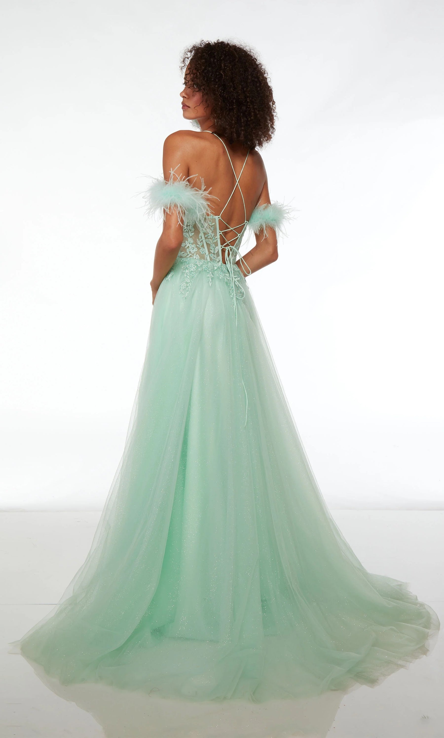 Feather Detail Corset High Slit Gown