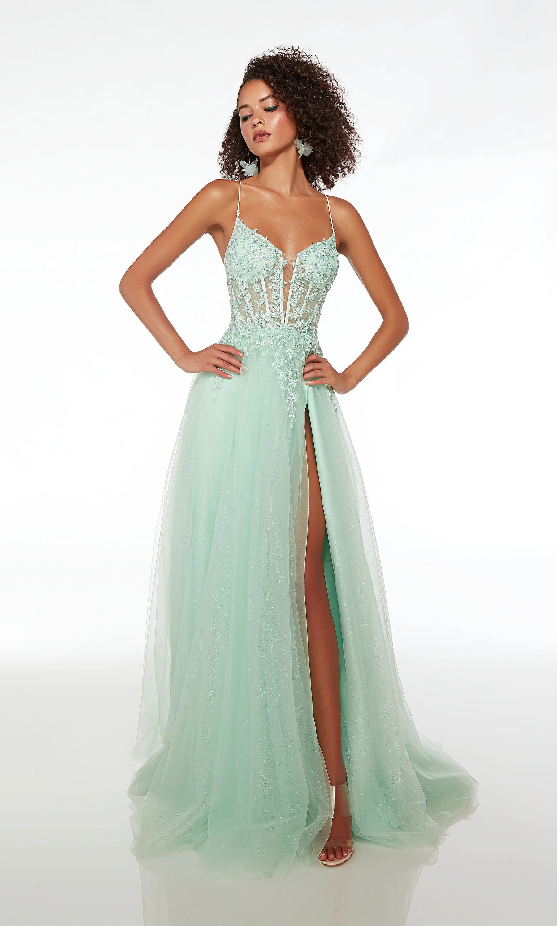 Feather Detail Corset High Slit Gown