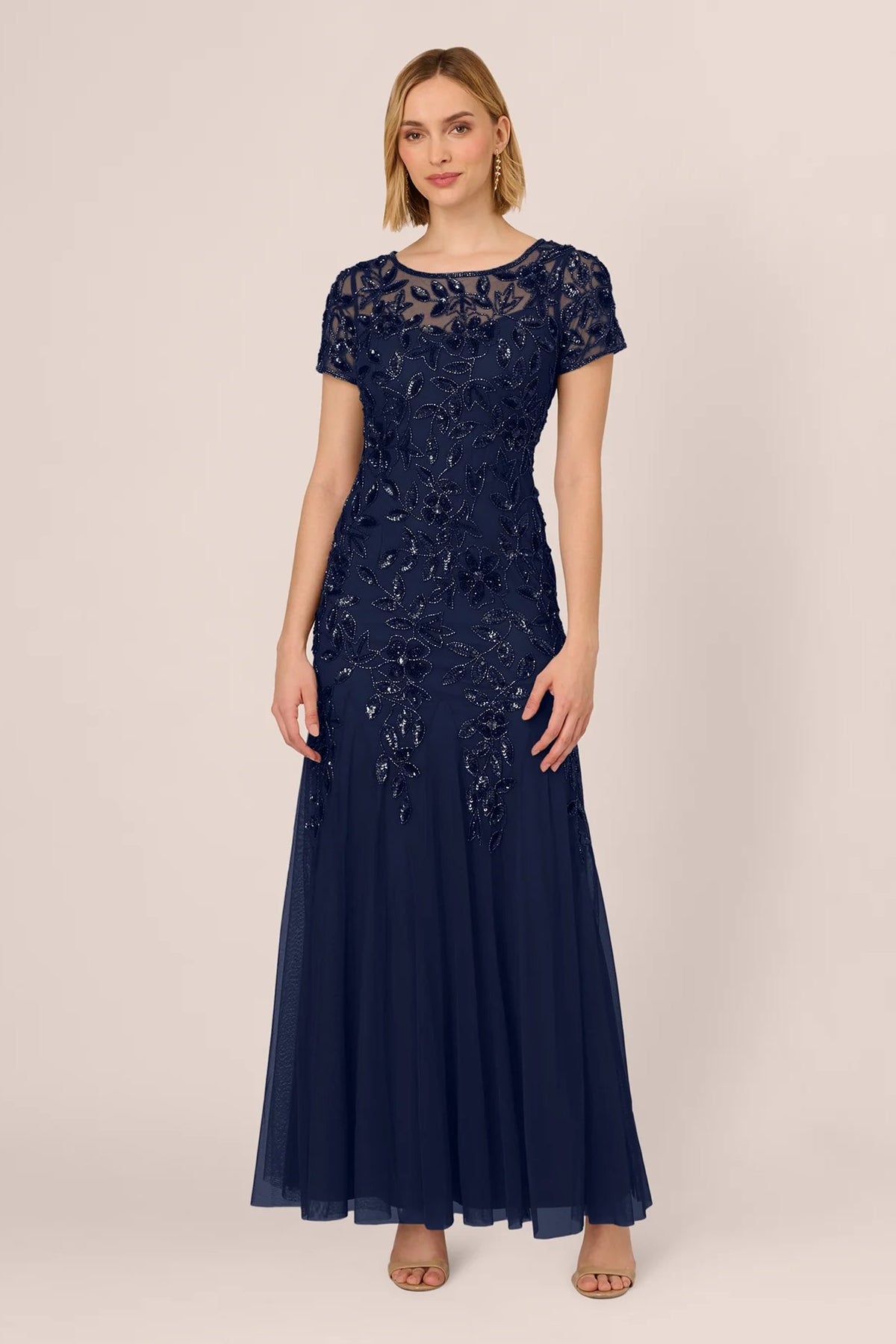 Floral Beaded Short Sleeve Godet Gown