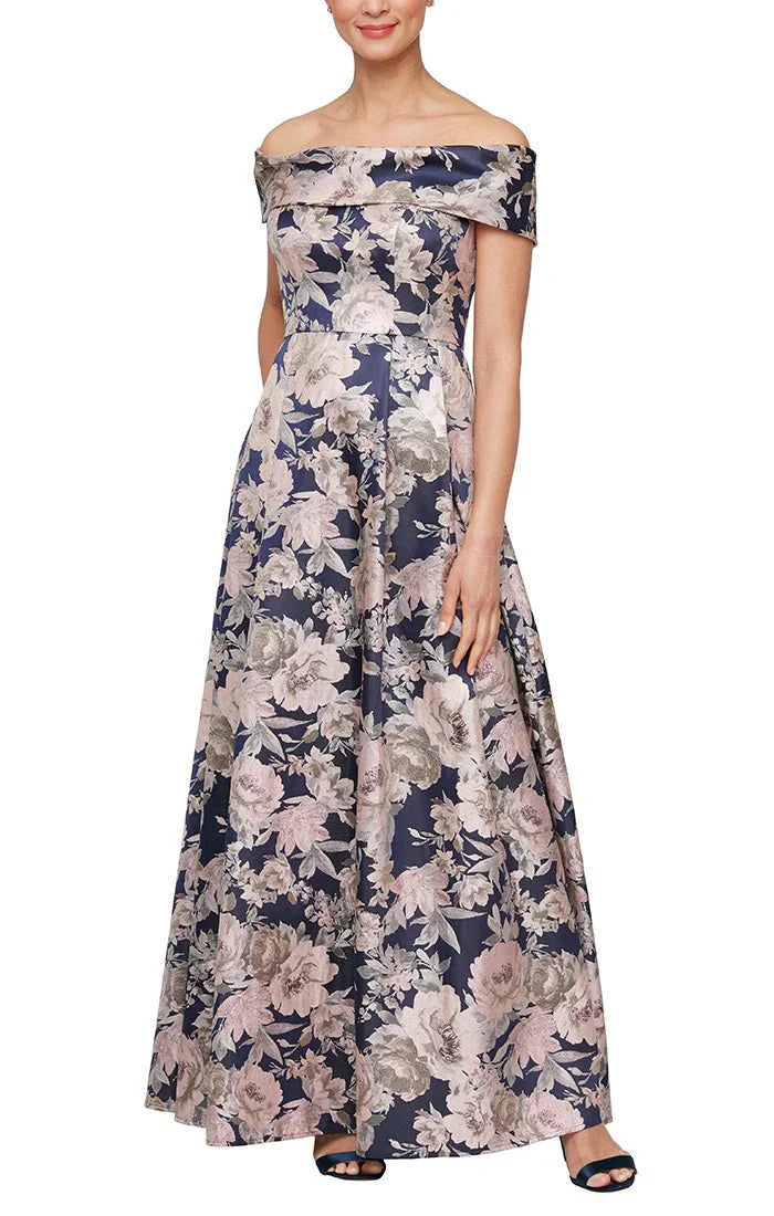 Floral Brocade Off Shoulder Gown
