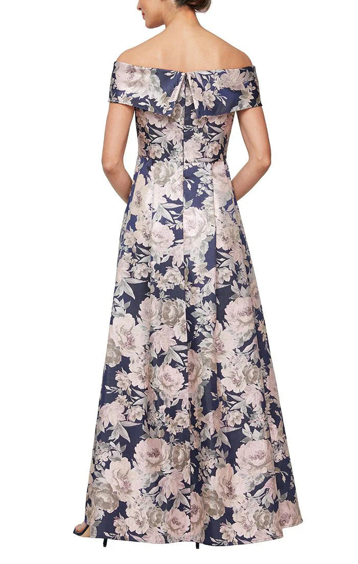 Floral Brocade Off Shoulder Gown