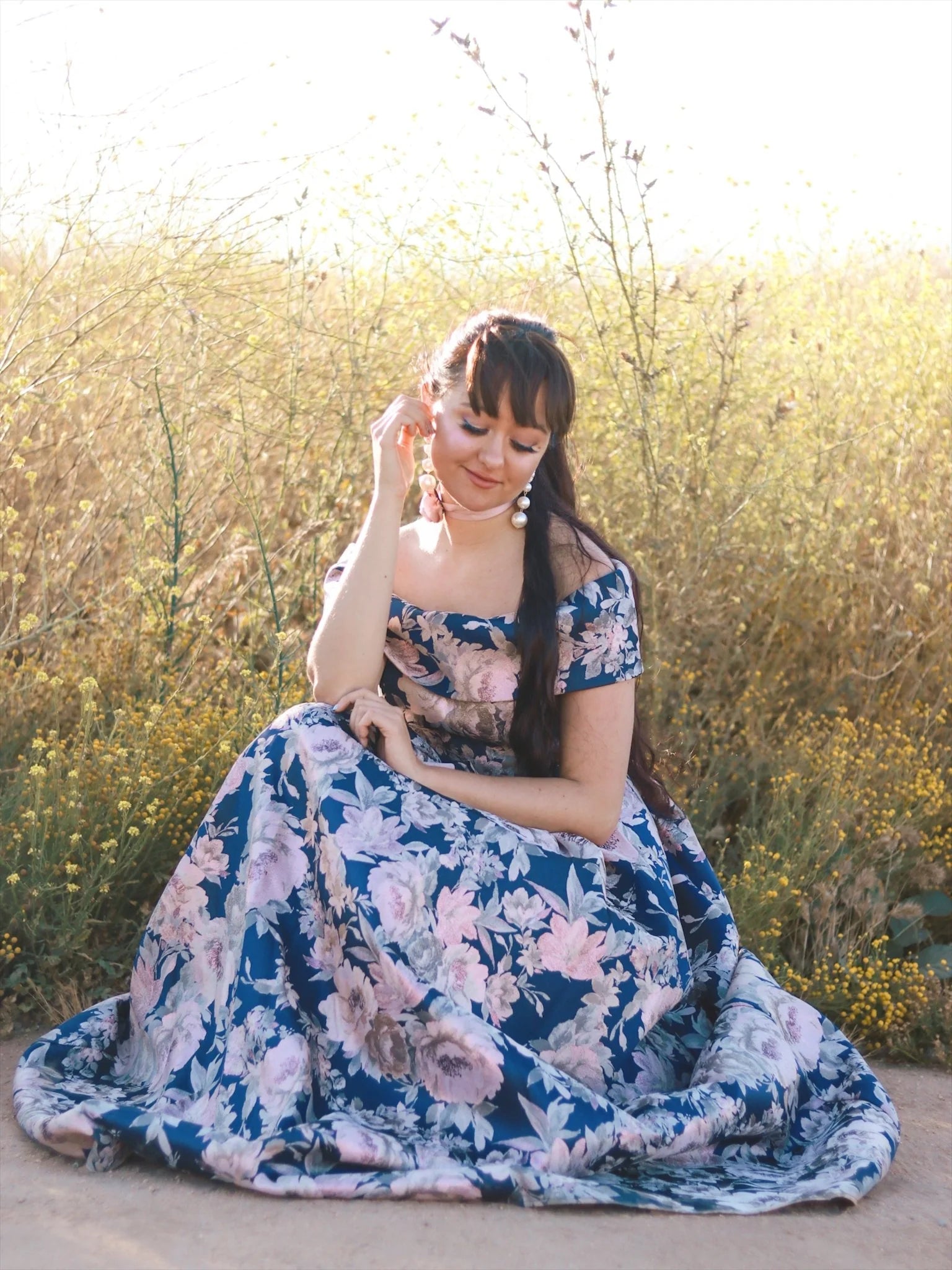 Floral Brocade Off Shoulder Gown